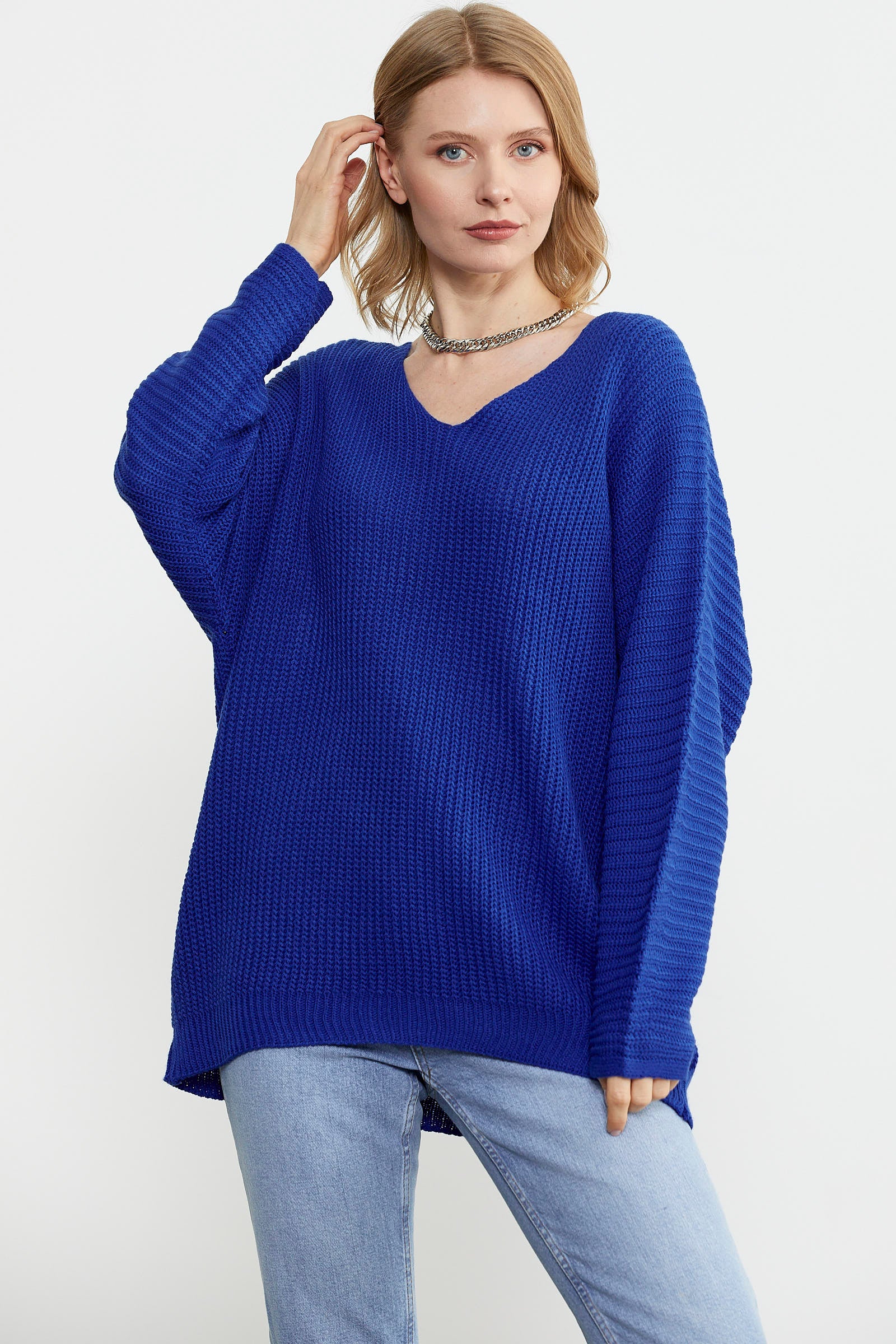 V Yaka Dökümlü Triko Kazak - Saks (3) Sementa