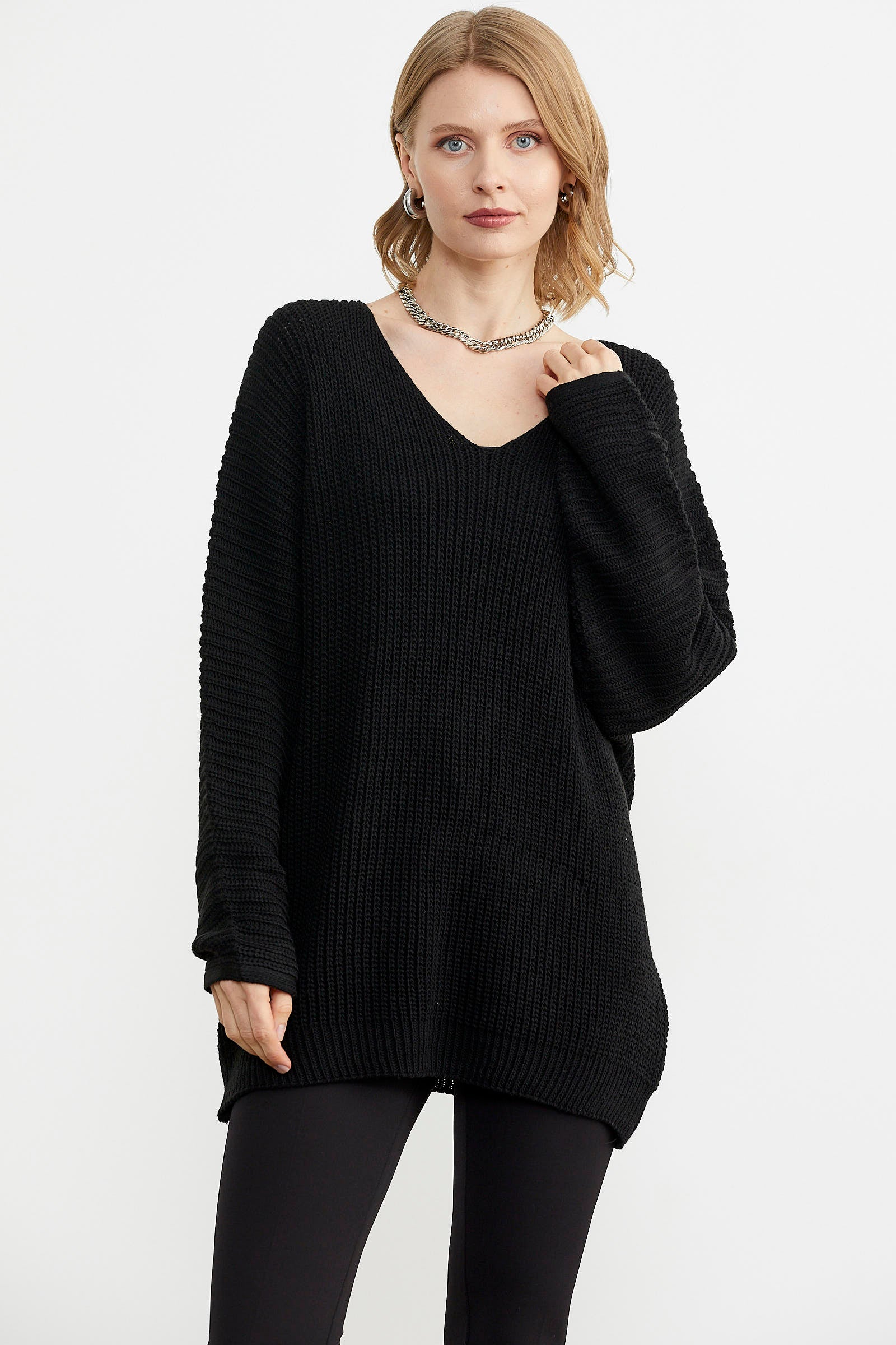 V Yaka Dökümlü Triko Kazak - Siyah (2) Sementa