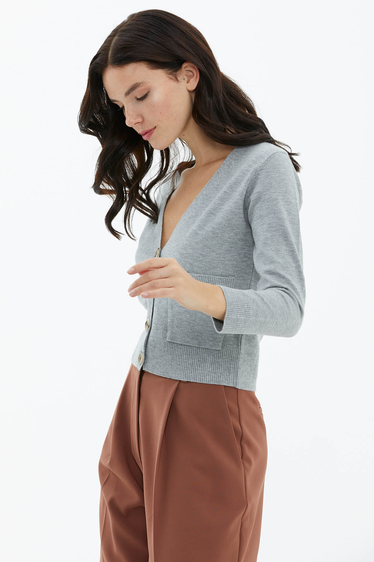 V Yaka Düğmeli Cepli Triko Hırka - Açık Gri (3) Sementa