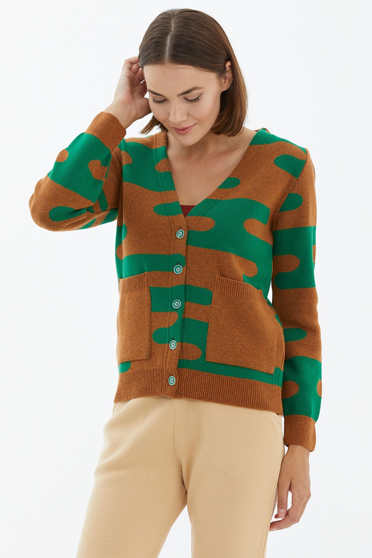 V Yaka Düğmeli Cepli Triko Hırka - Kiremit (4) Sementa