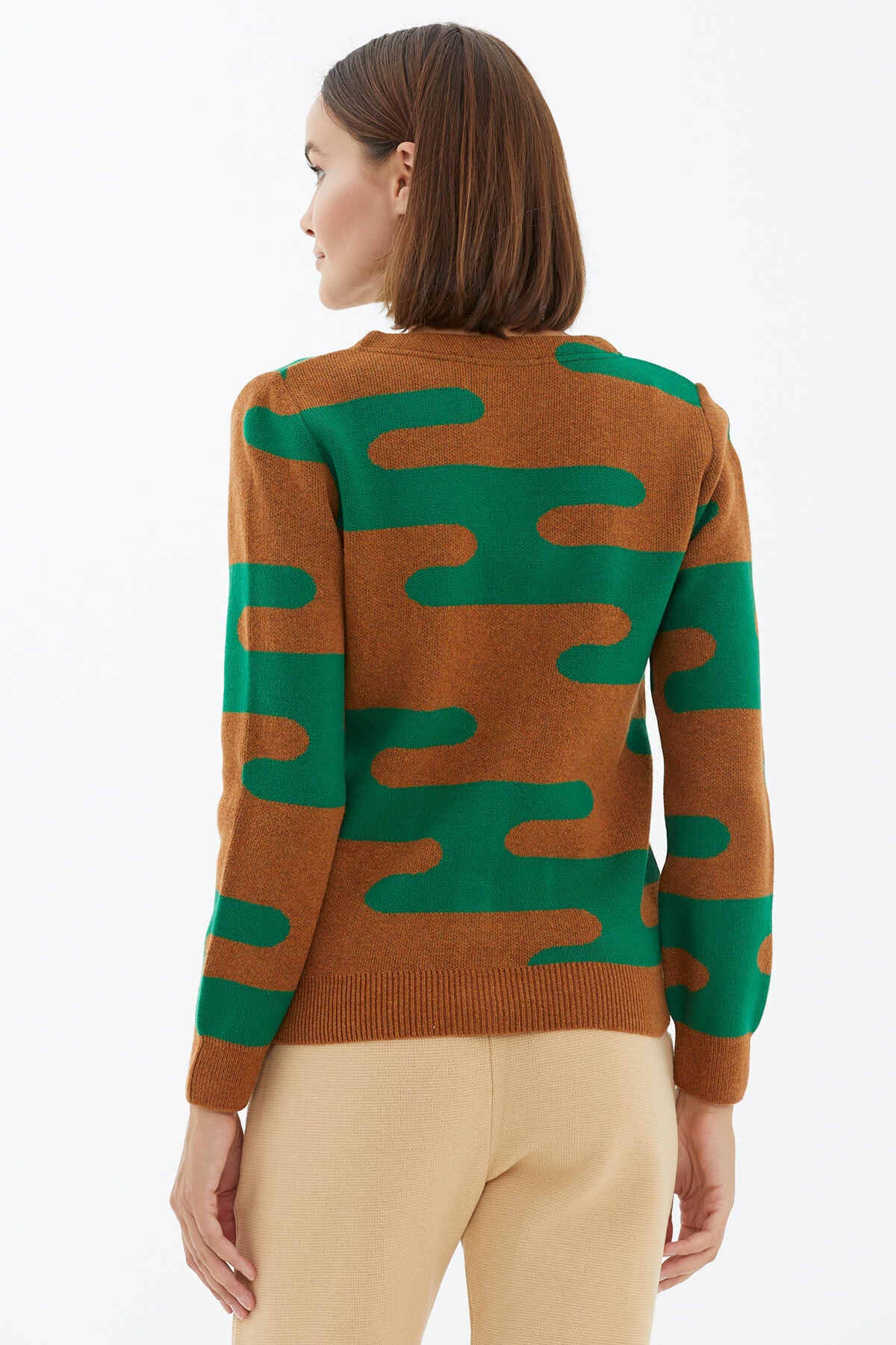 V Yaka Düğmeli Cepli Triko Hırka - Kiremit (5) Sementa