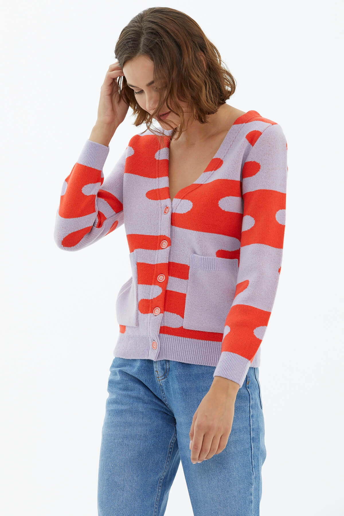 V Yaka Düğmeli Cepli Triko Hırka - Lila (3) Sementa