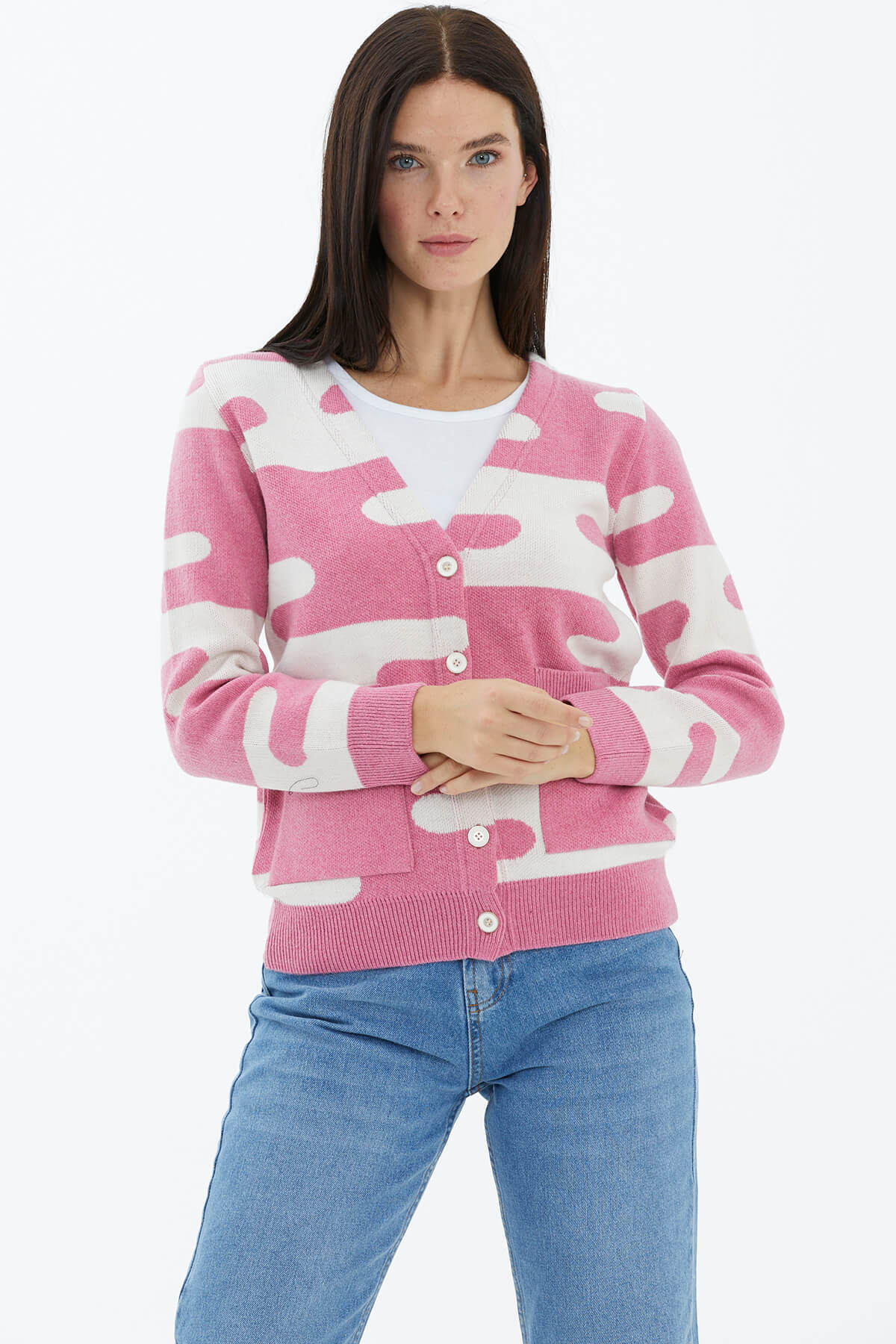 V Yaka Düğmeli Cepli Triko Hırka - Şeker Pembe (3) Sementa