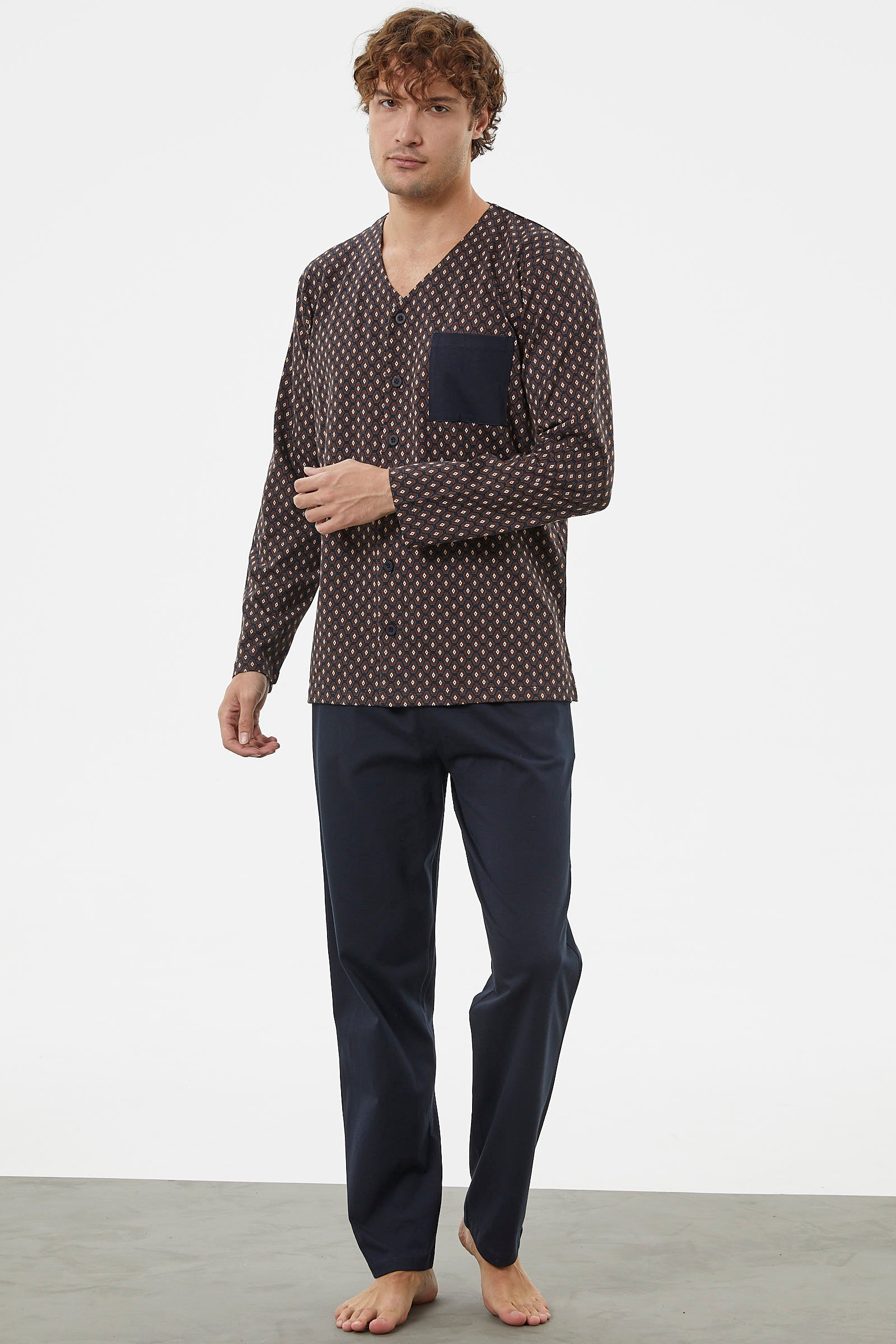 V Yaka Düğmeli Pijama Takım - Lacivert (2) Sementa