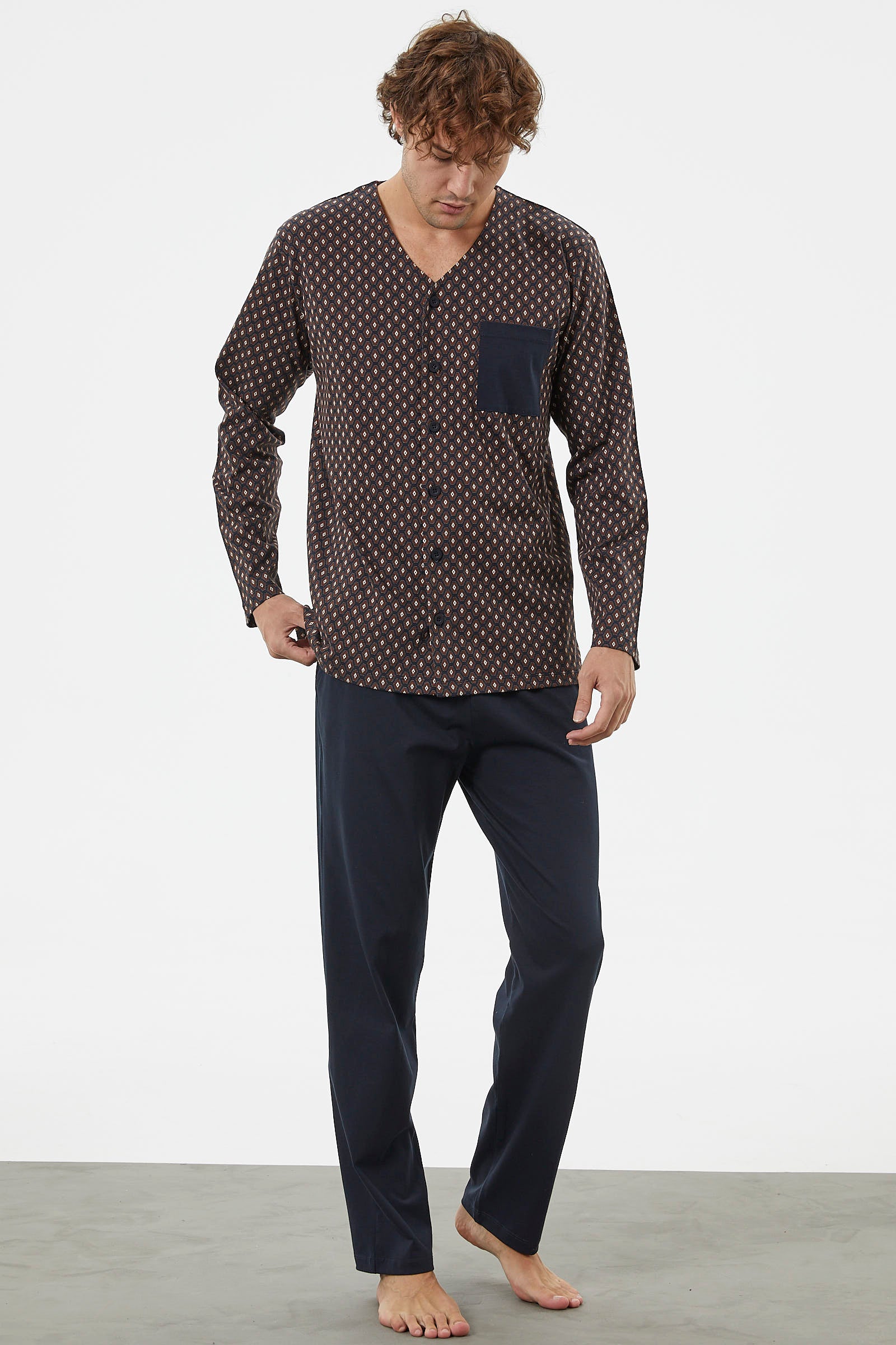 V Yaka Düğmeli Pijama Takım - Lacivert (3) Sementa