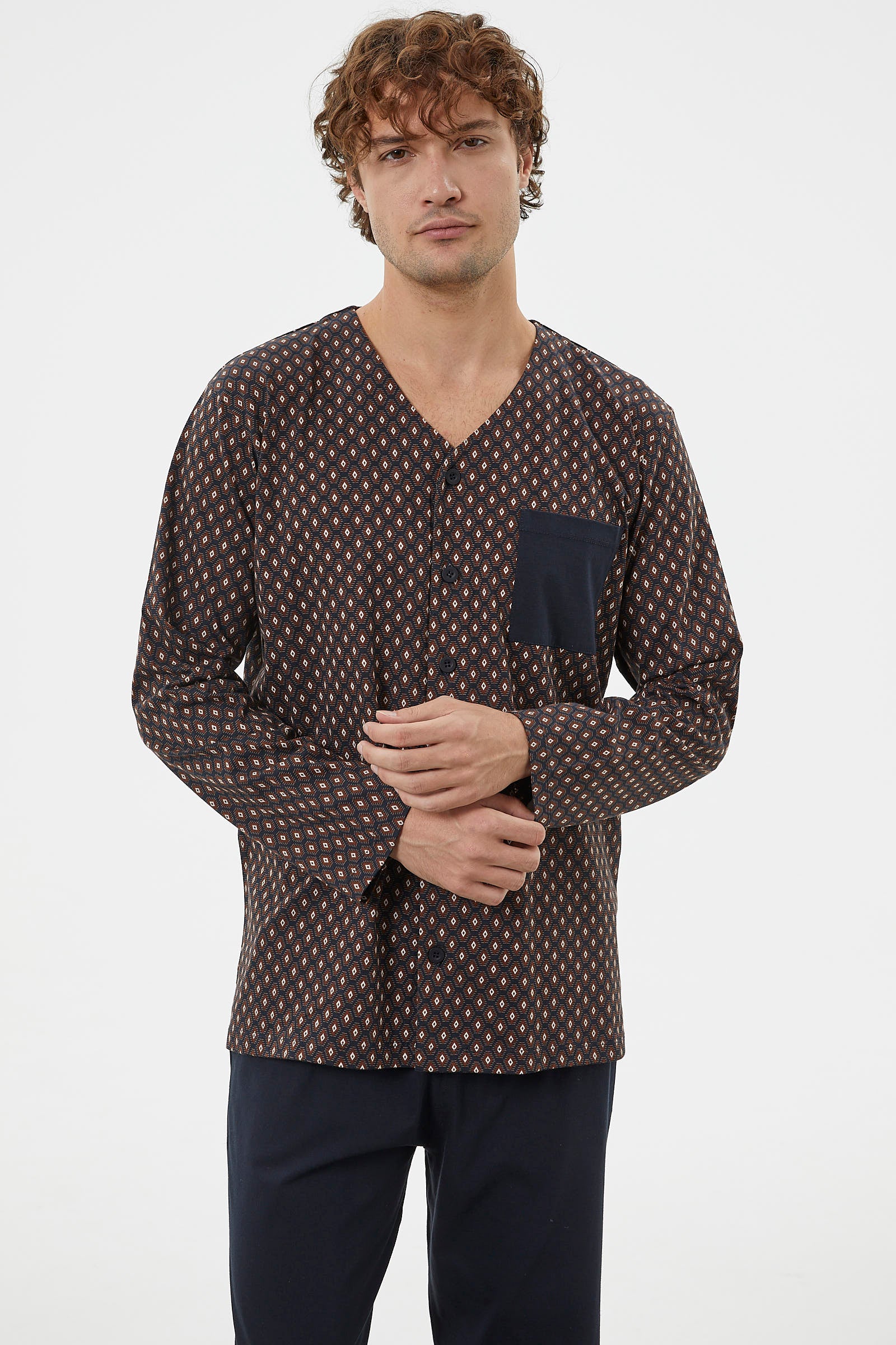 V Yaka Düğmeli Pijama Takım - Lacivert (4) Sementa