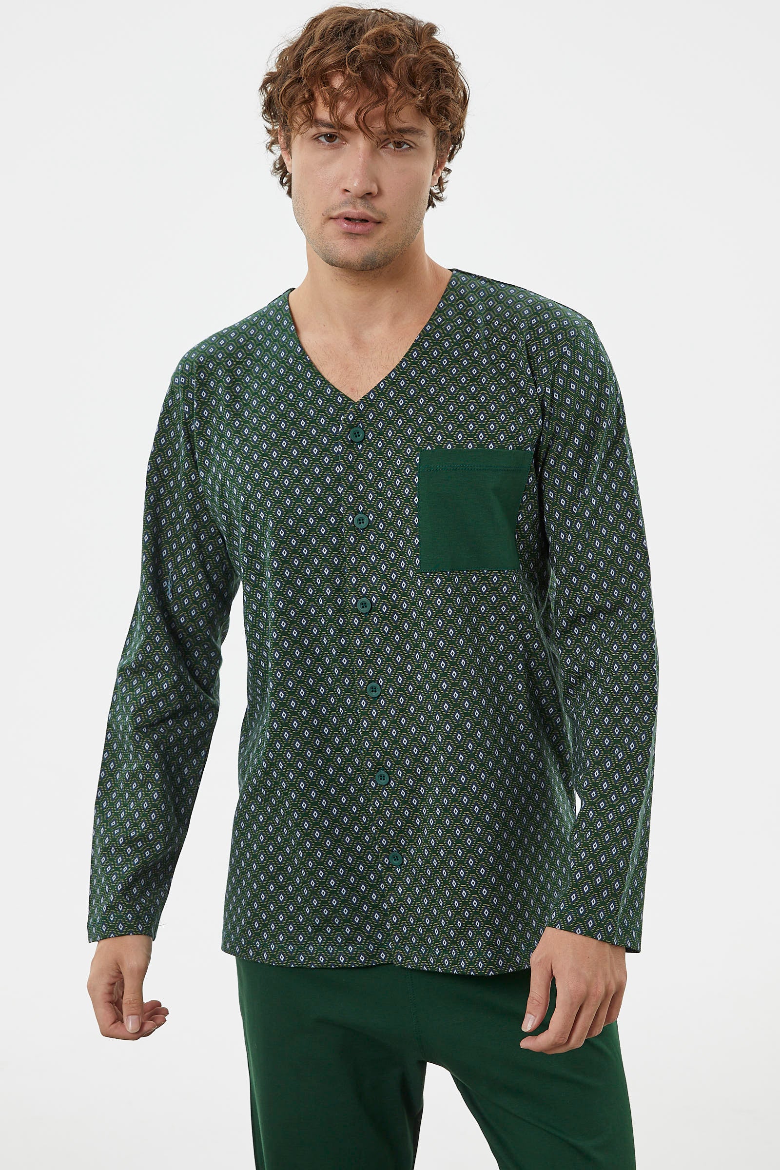 V Yaka Düğmeli Pijama Takım - Yeşil (4) Sementa