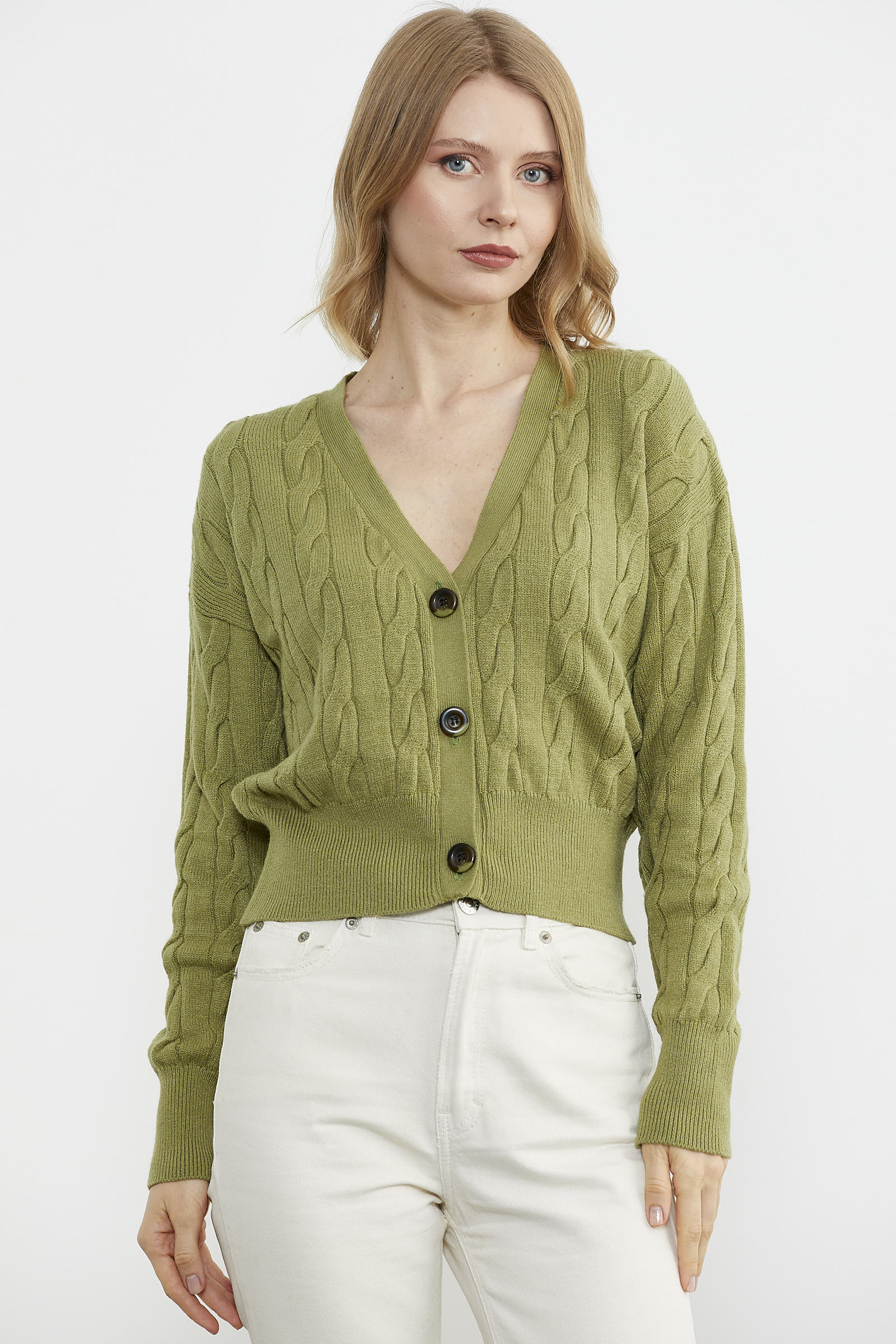 V Yaka Düğmeli Saç Örgülü Triko Hırka - Fıstık Yeşili (2) Sementa