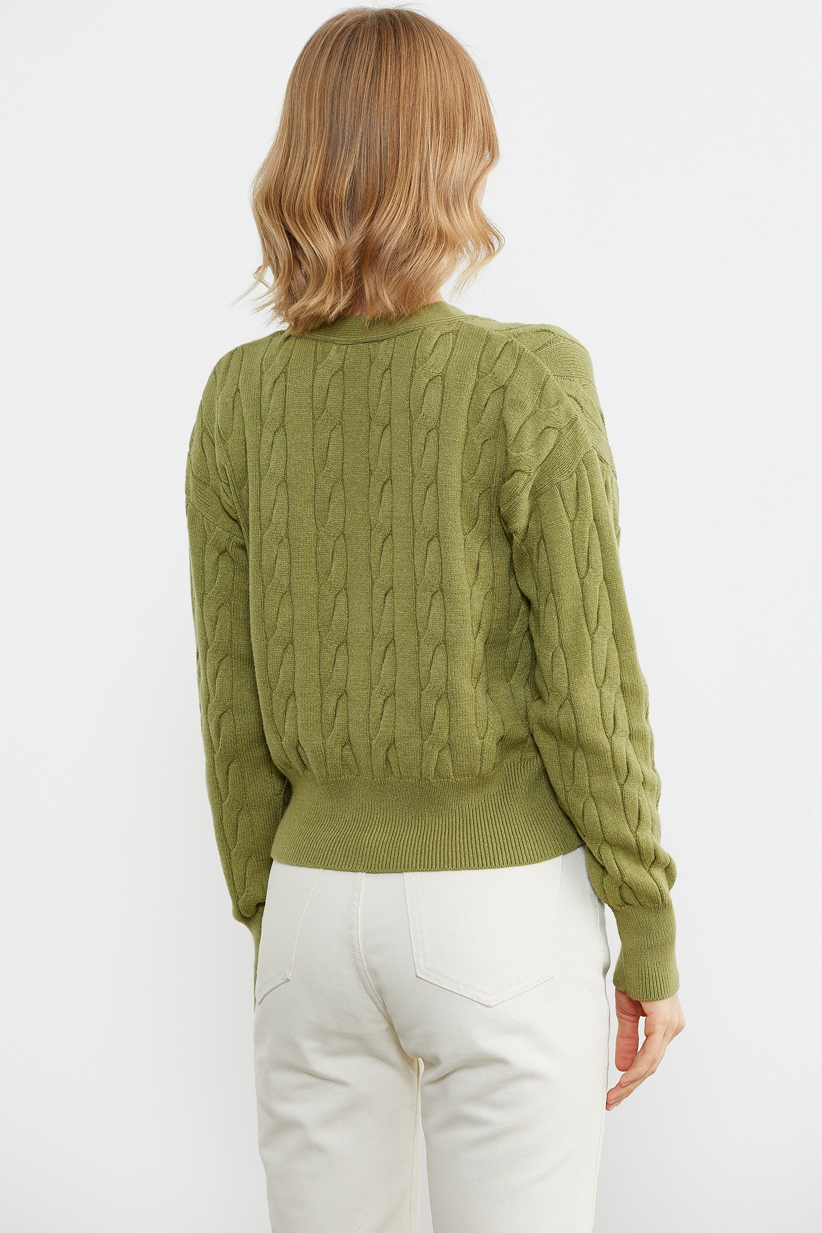 V Yaka Düğmeli Saç Örgülü Triko Hırka - Fıstık Yeşili (4) Sementa