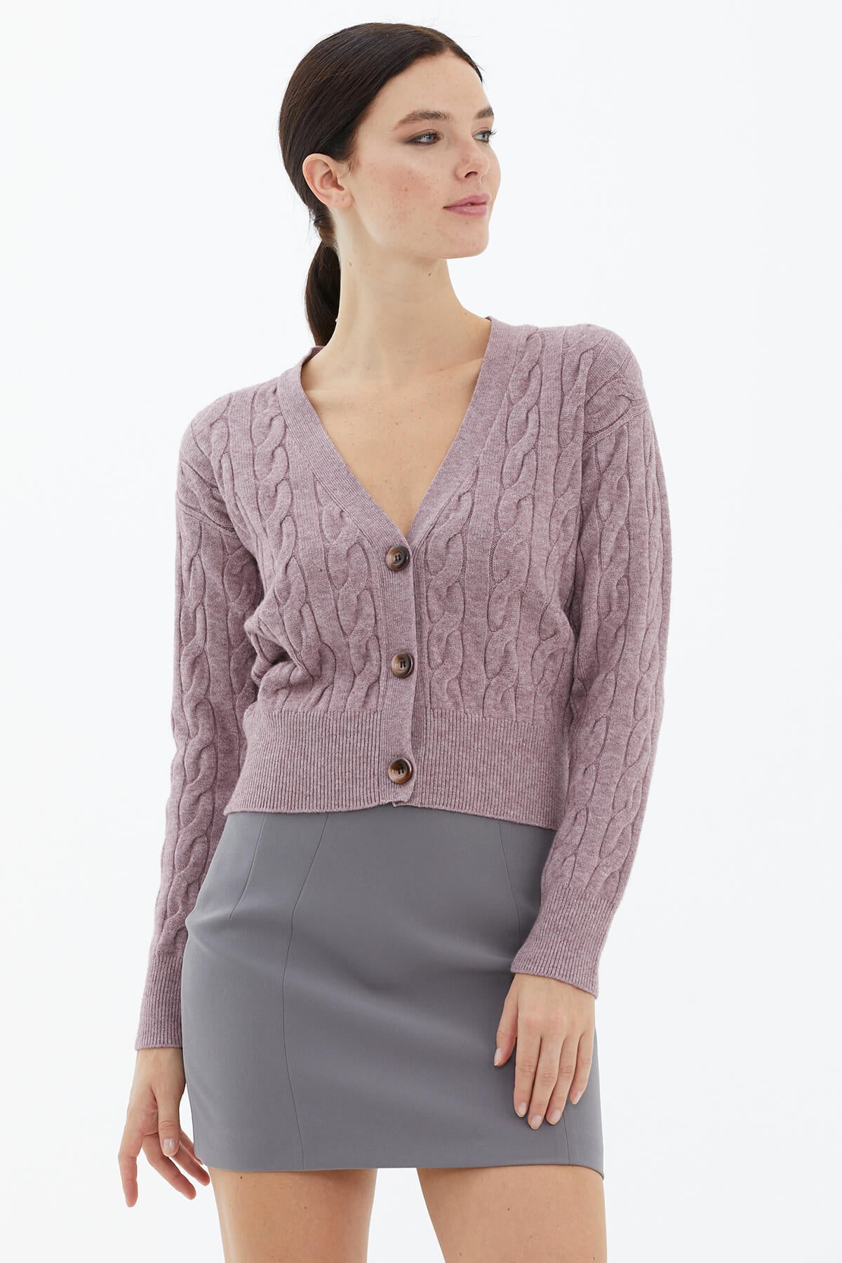 V Yaka Düğmeli Saç Örgülü Triko Hırka - Gül (3) Sementa