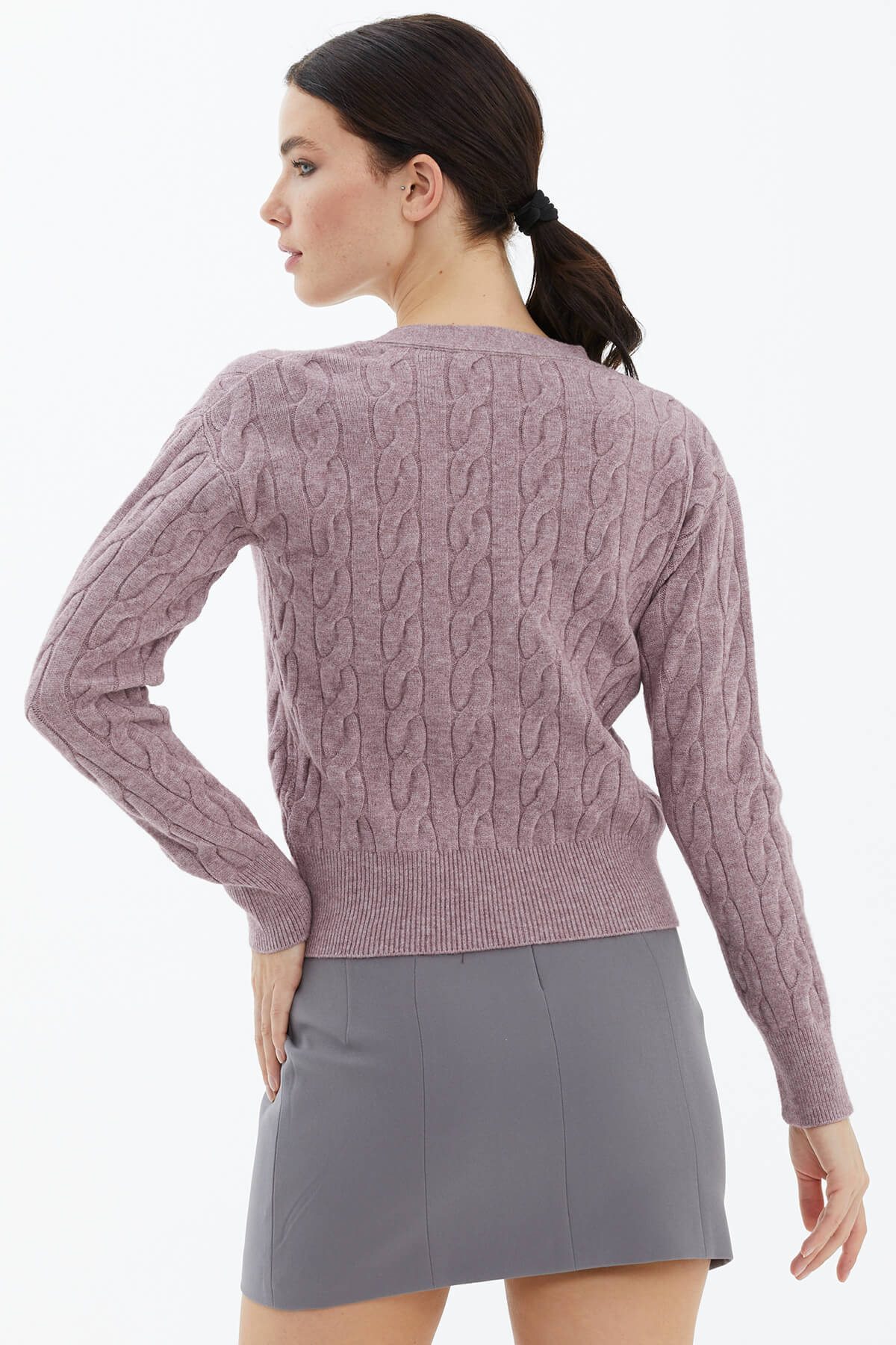 V Yaka Düğmeli Saç Örgülü Triko Hırka - Gül (4) Sementa
