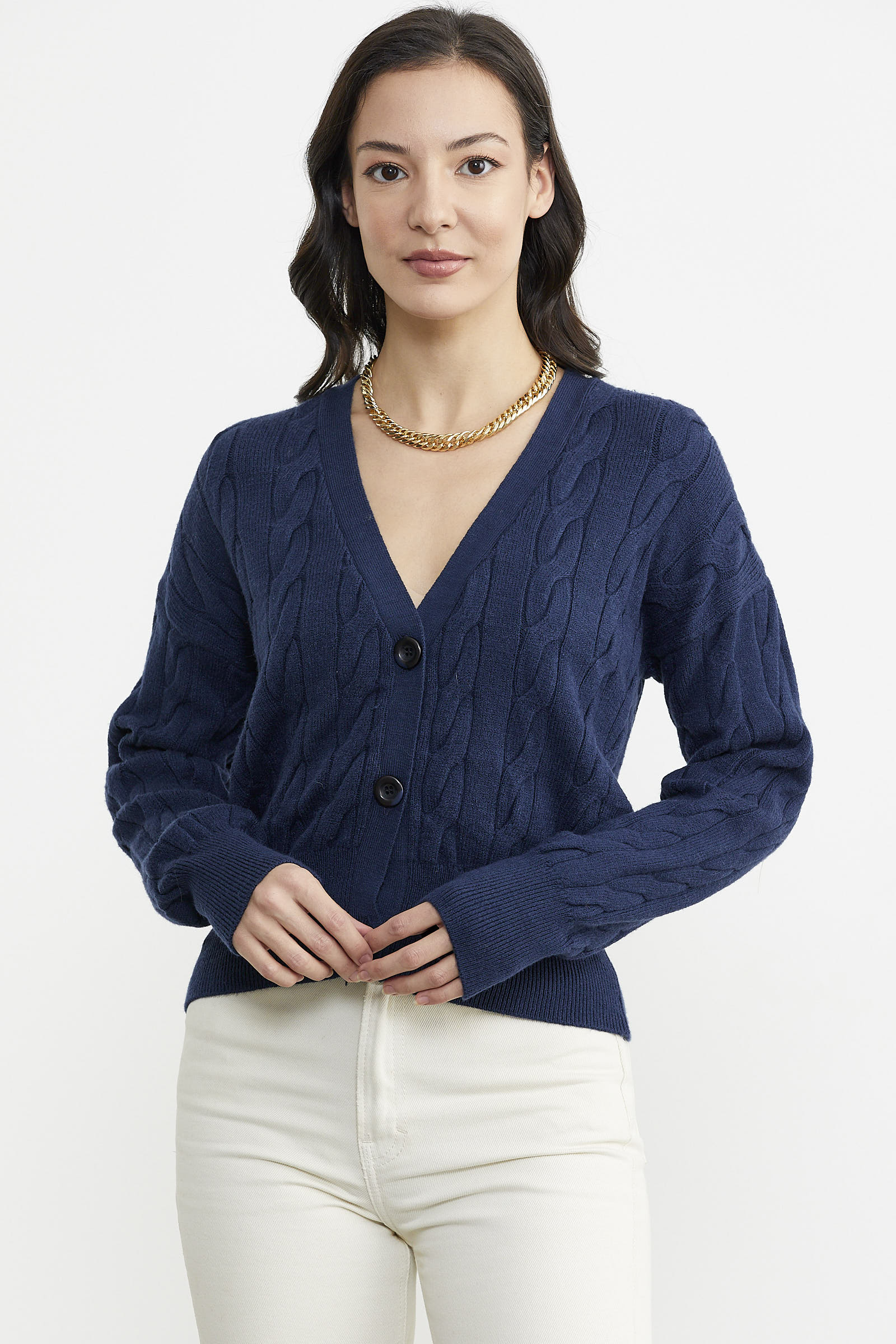 V Yaka Düğmeli Saç Örgülü Triko Hırka - Lacivert (2) Sementa