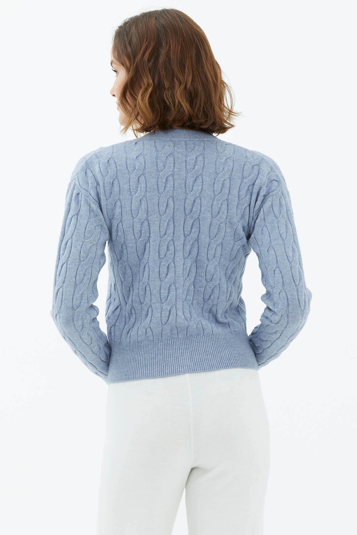 V Yaka Düğmeli Saç Örgülü Triko Hırka - Mavi (4) Sementa