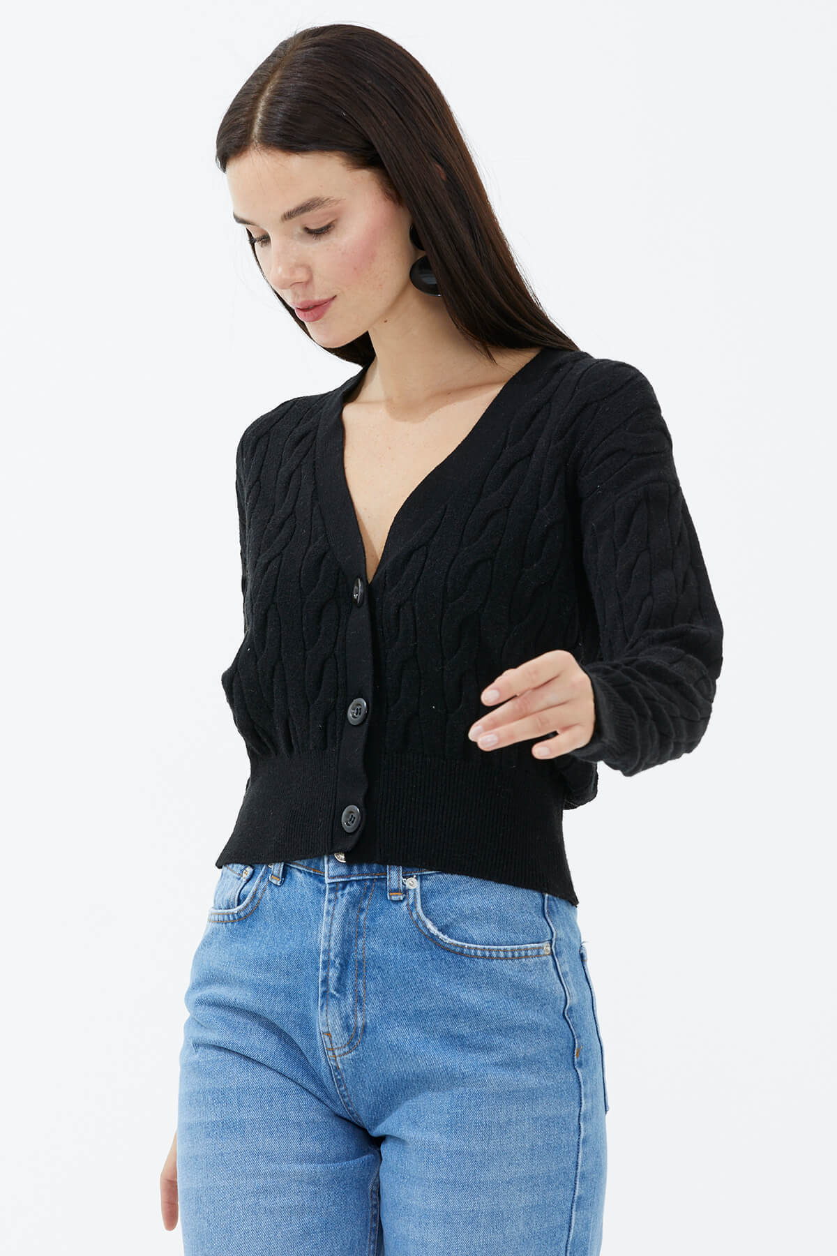 V Yaka Düğmeli Saç Örgülü Triko Hırka - Siyah (3) Sementa
