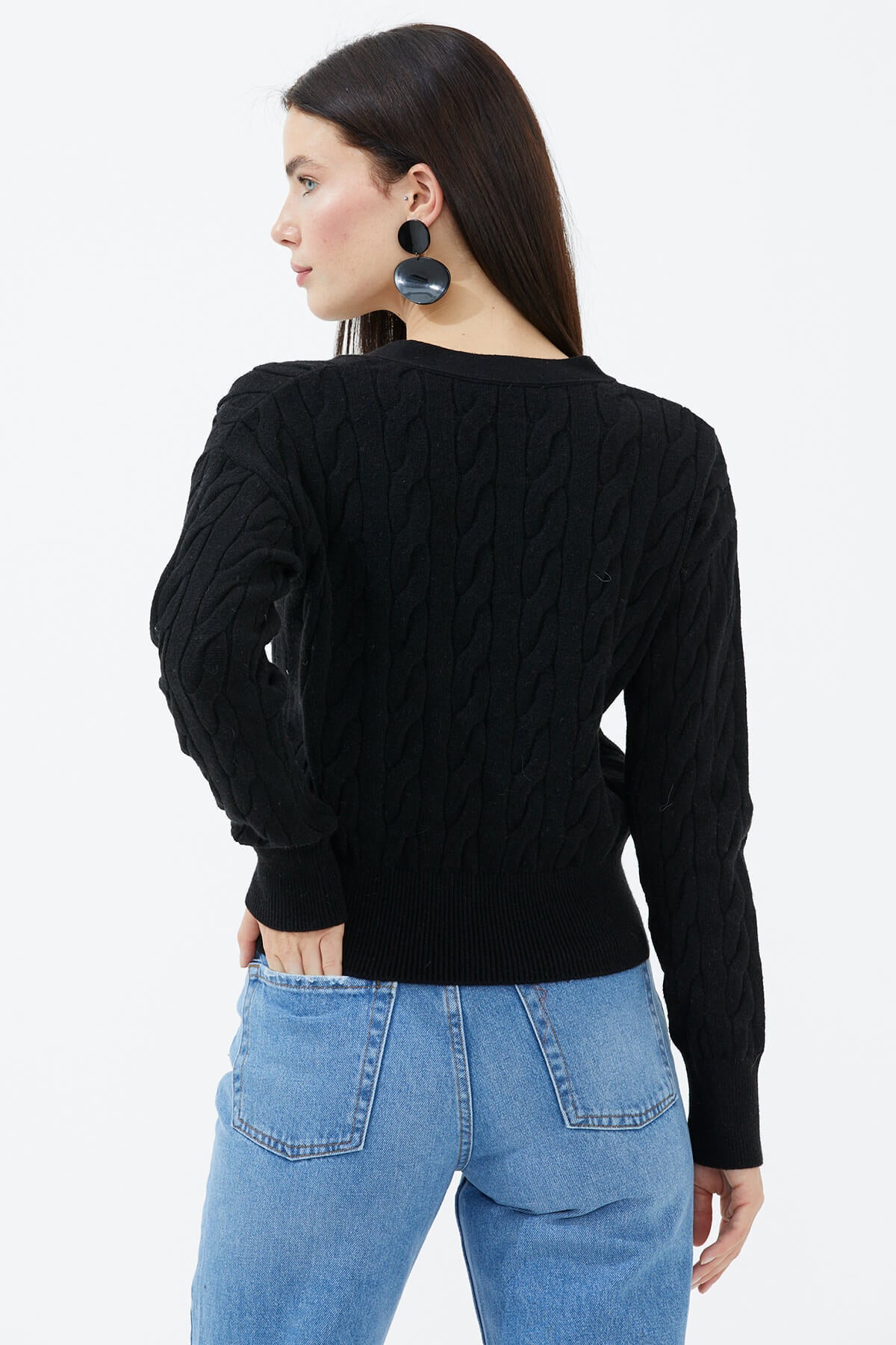 V Yaka Düğmeli Saç Örgülü Triko Hırka - Siyah (4) Sementa