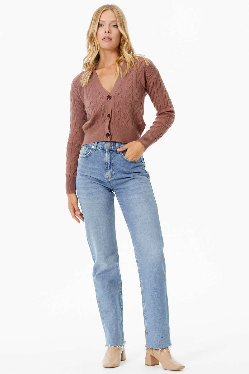 V Yaka Düğmeli Saç Örgülü Triko Hırka - Tarçın (3) Sementa