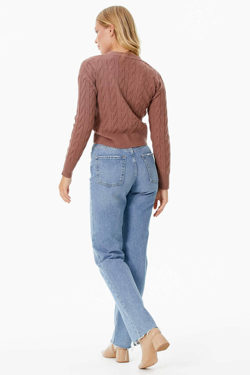 V Yaka Düğmeli Saç Örgülü Triko Hırka - Tarçın (4) Sementa