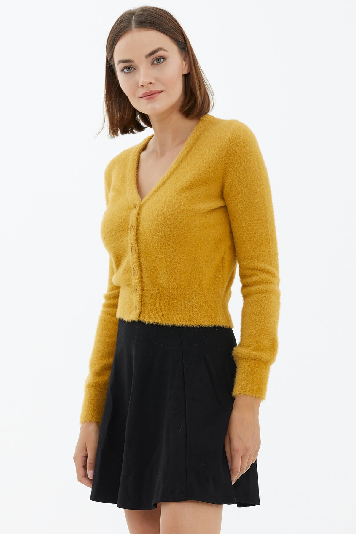 V Yaka Düğmeli Triko Hırka - Hardal (3) Sementa