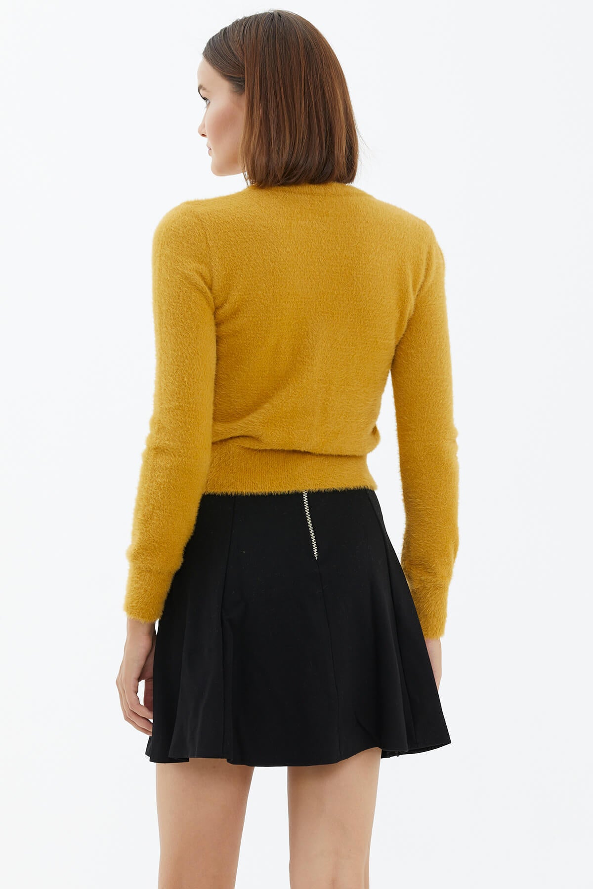 V Yaka Düğmeli Triko Hırka - Hardal (4) Sementa