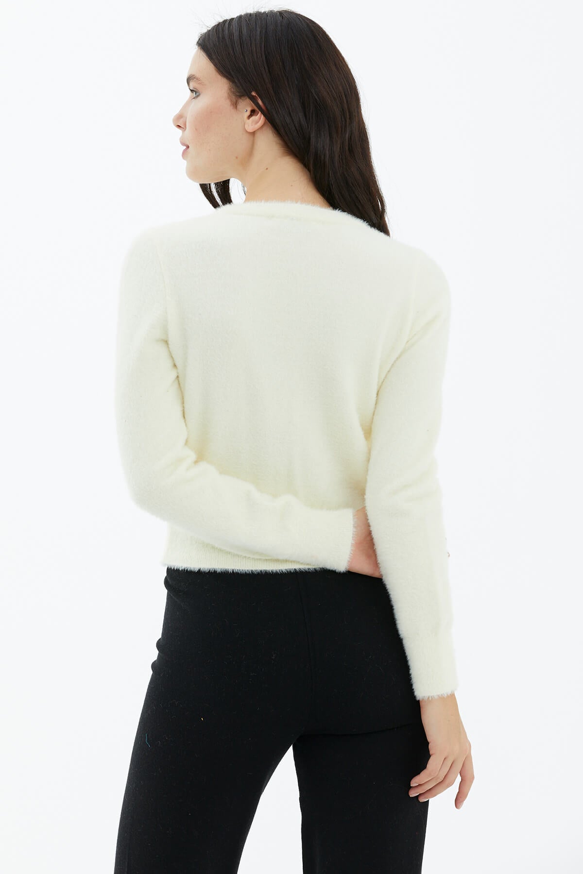 V Yaka Düğmeli Triko Hırka - Kemik (4) Sementa