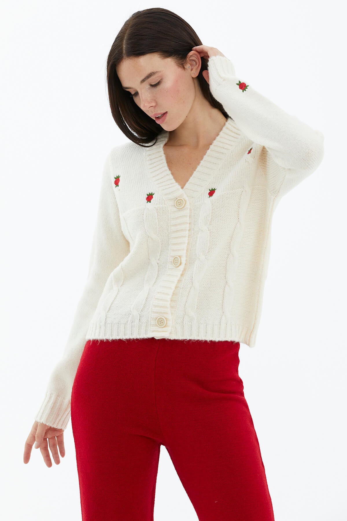 V Yaka Düğmeli Triko Hırka - Kemik (3) Sementa