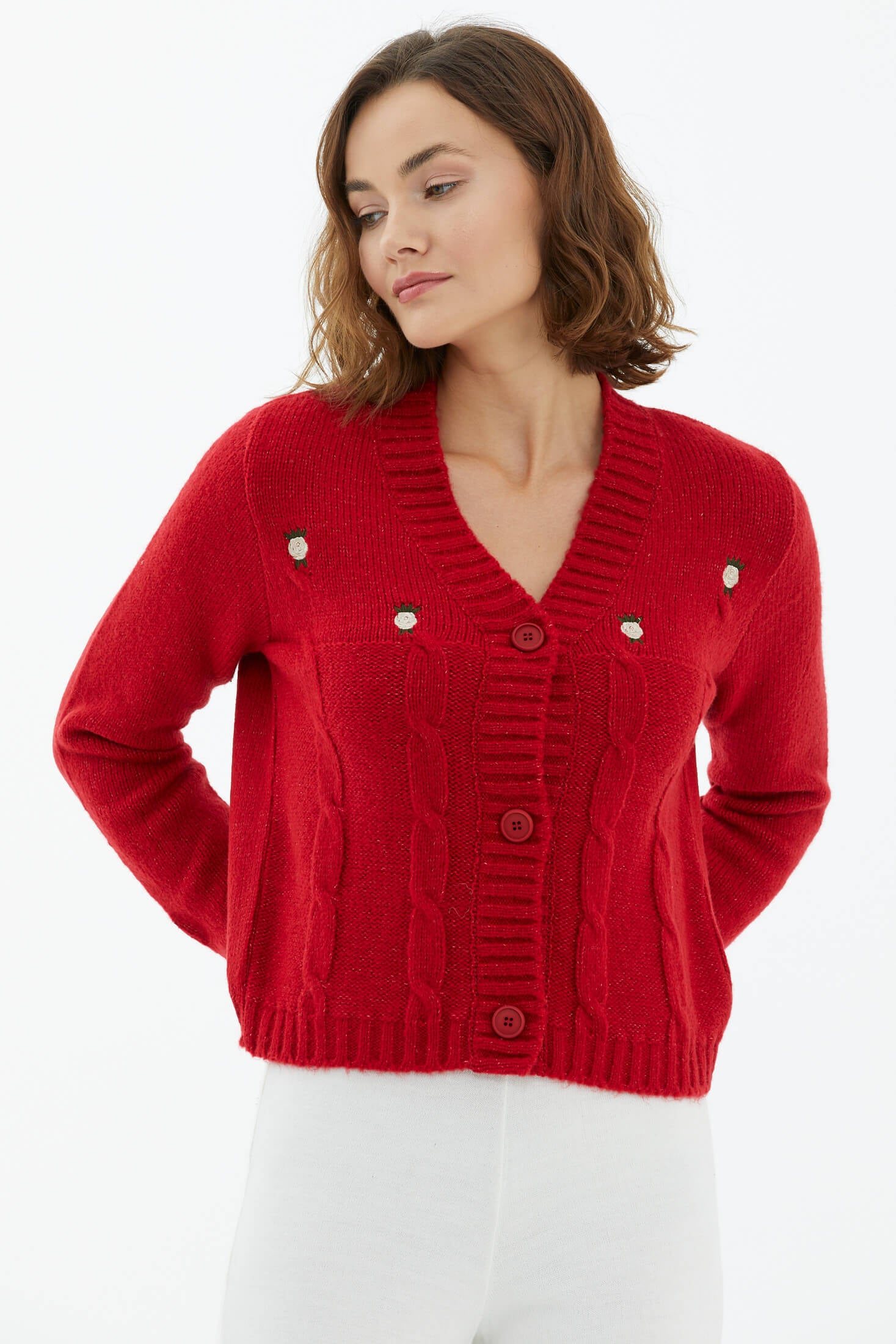 V Yaka Düğmeli Triko Hırka - Kırmızı (3) Sementa