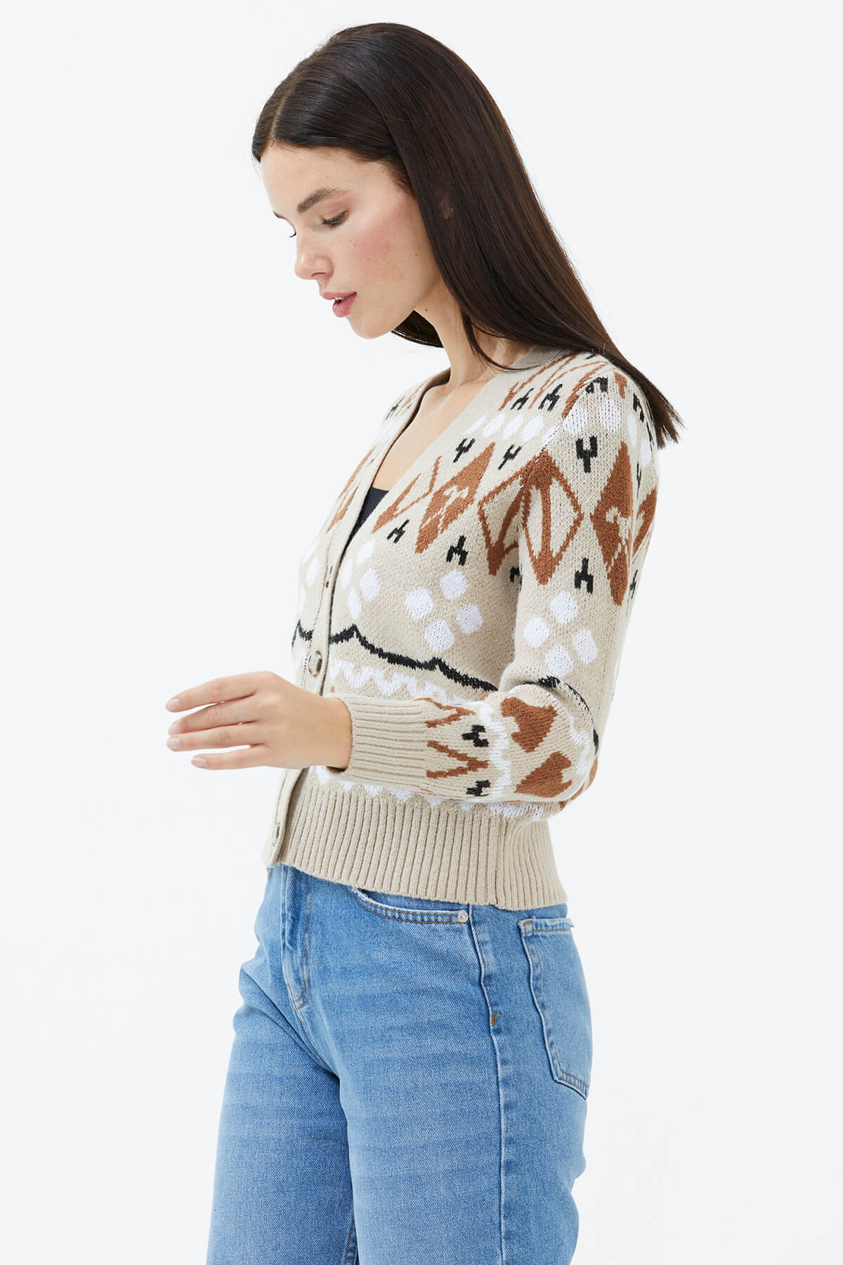 V Yaka Düğmeli Triko Hırka - Koyu Bej (3) Sementa