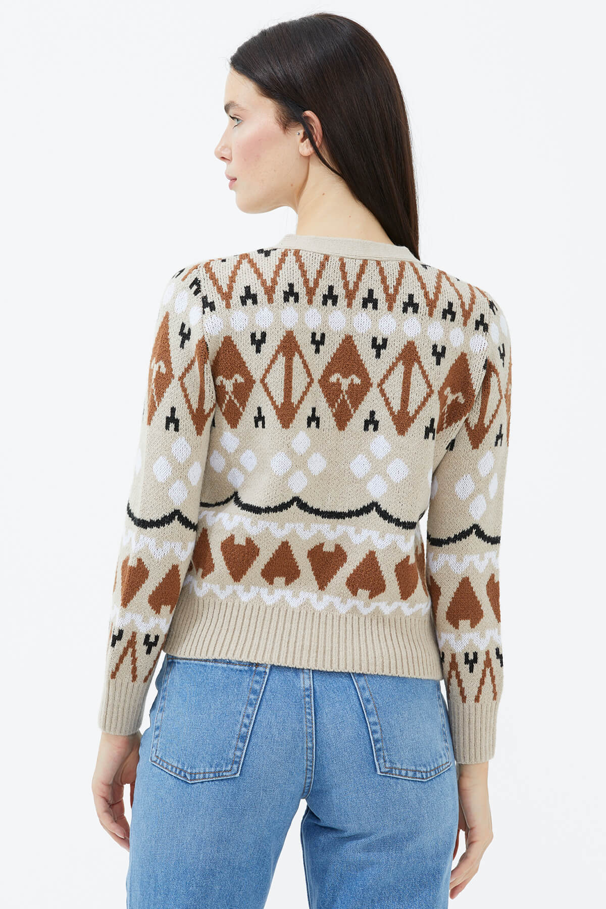 V Yaka Düğmeli Triko Hırka - Koyu Bej (4) Sementa