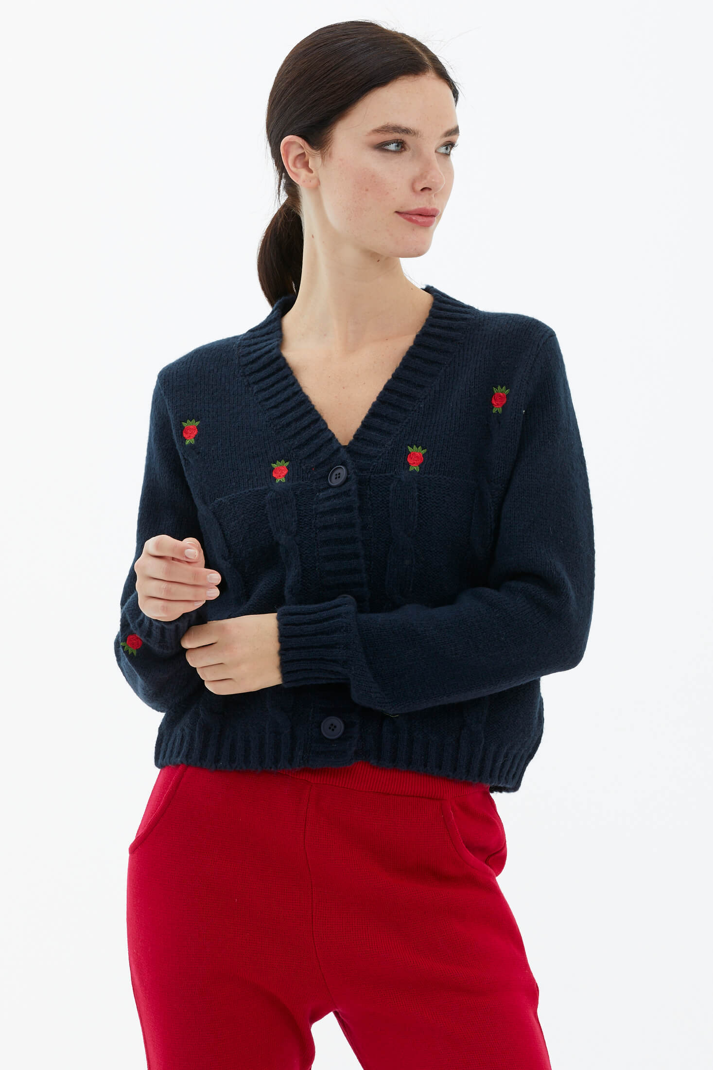 V Yaka Düğmeli Triko Hırka - Lacivert (3) Sementa