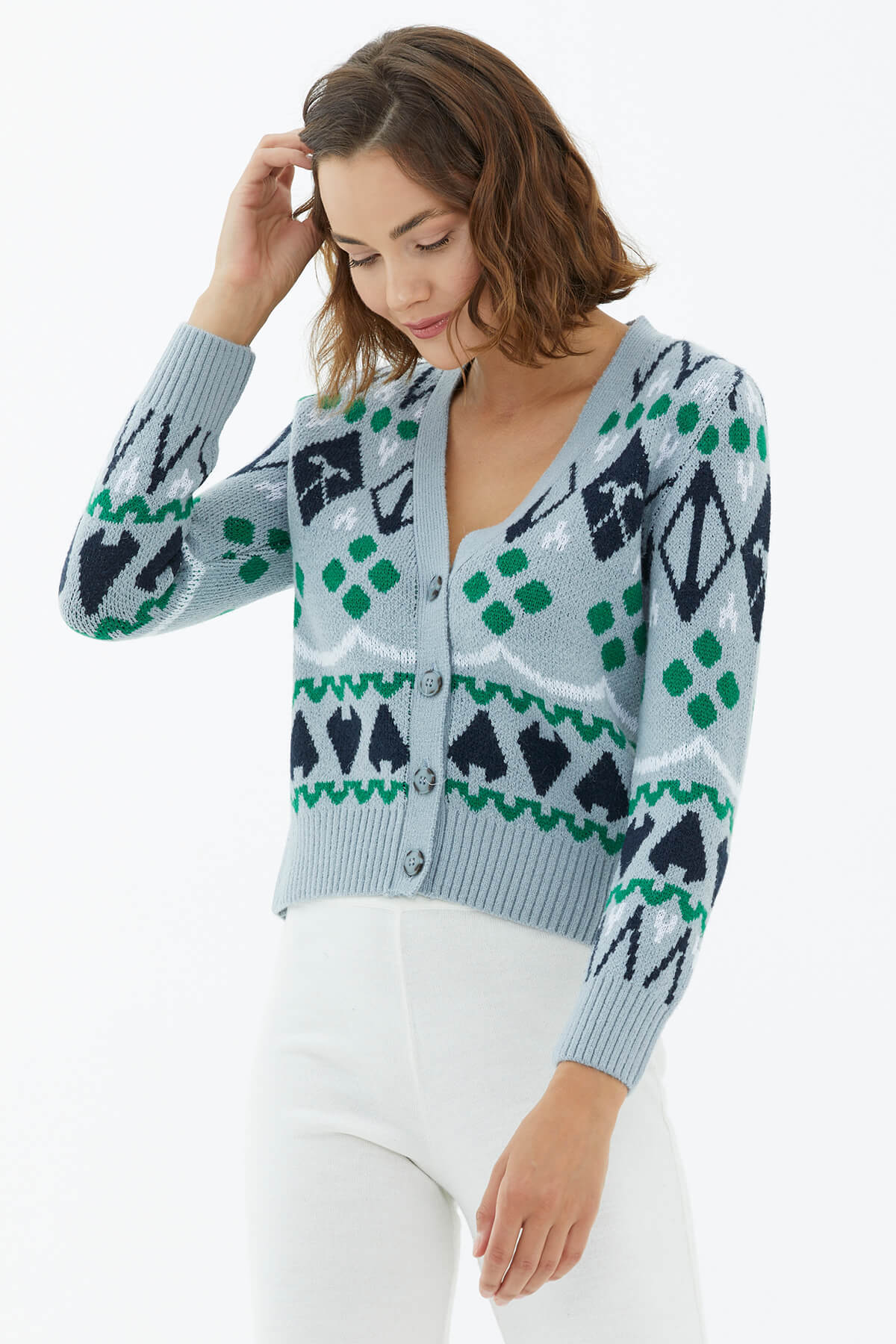 V Yaka Düğmeli Triko Hırka - Mavi (3) Sementa