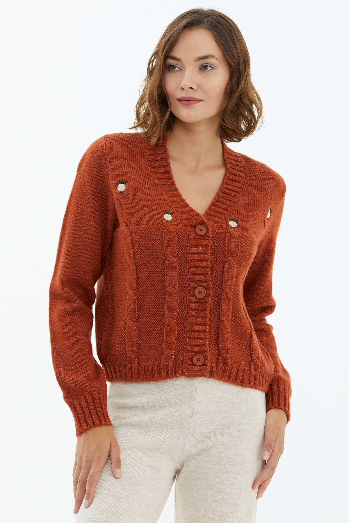 V Yaka Düğmeli Triko Hırka - Taba (3) Sementa