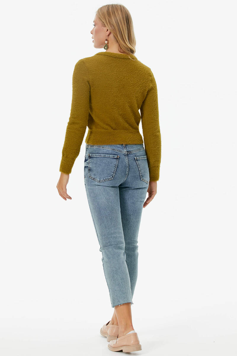 V Yaka Düğmeli Triko Hırka - Yeşil (4) Sementa