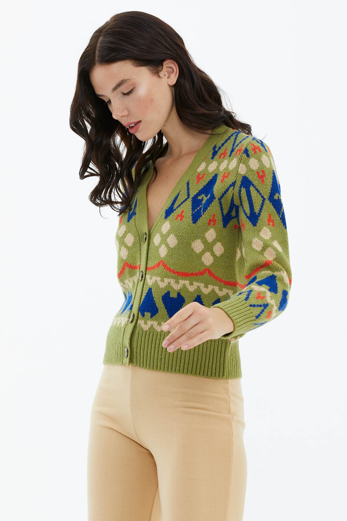 V Yaka Düğmeli Triko Hırka - Yeşil (3) Sementa