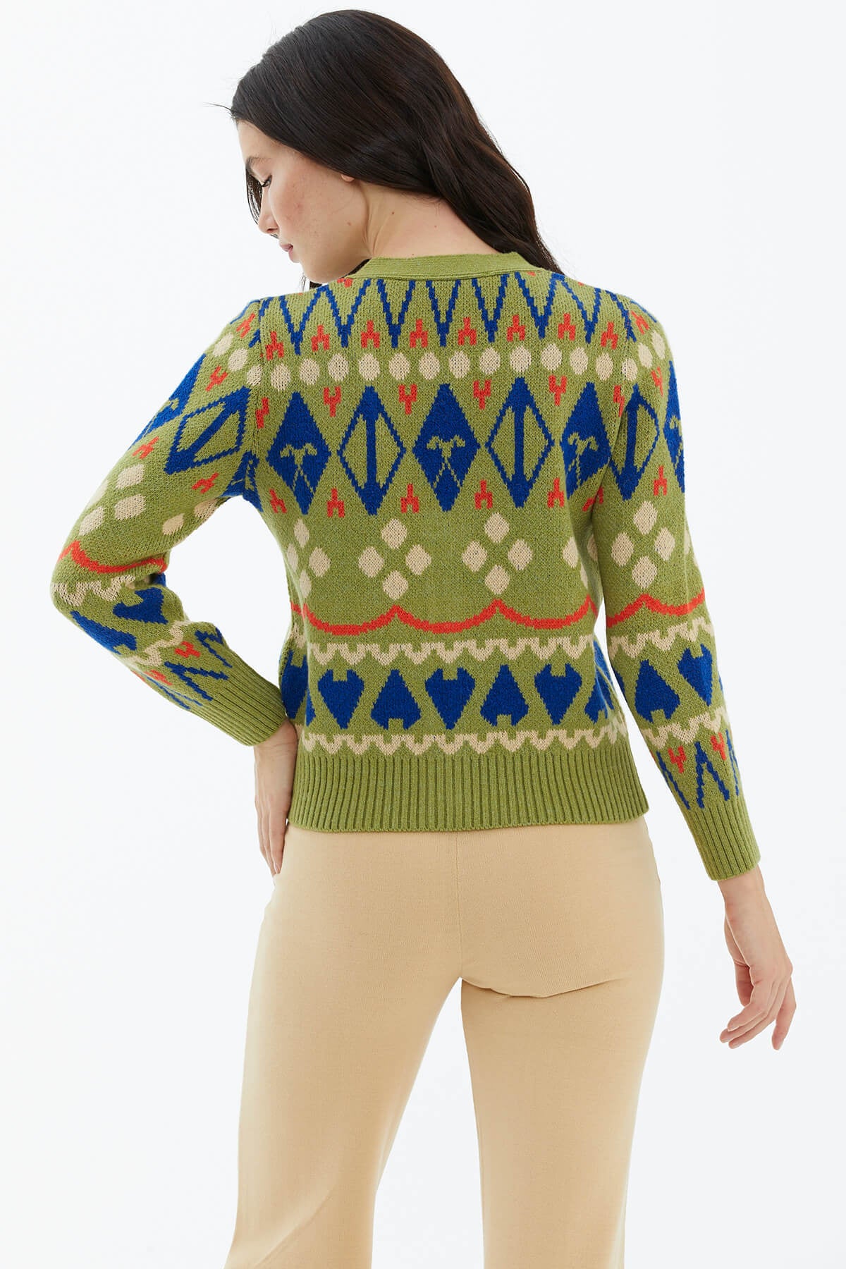 V Yaka Düğmeli Triko Hırka - Yeşil (4) Sementa