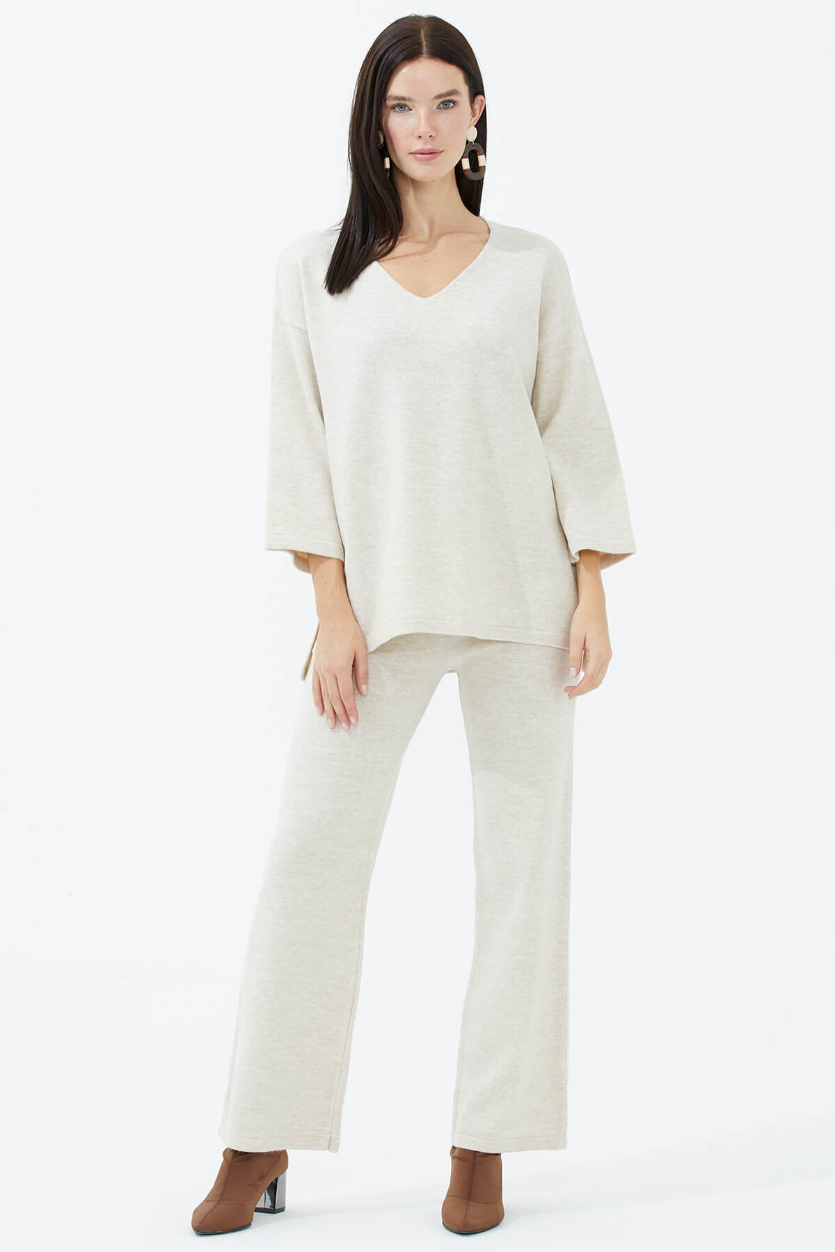 V Yaka İkili Triko Takım - Açık Bej (2) Sementa