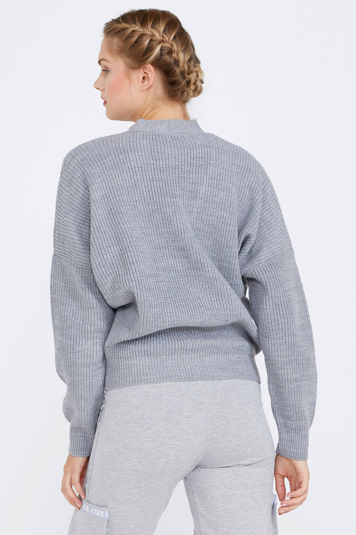 V Yaka Kadın Triko Hırka - Gri (4) Sementa