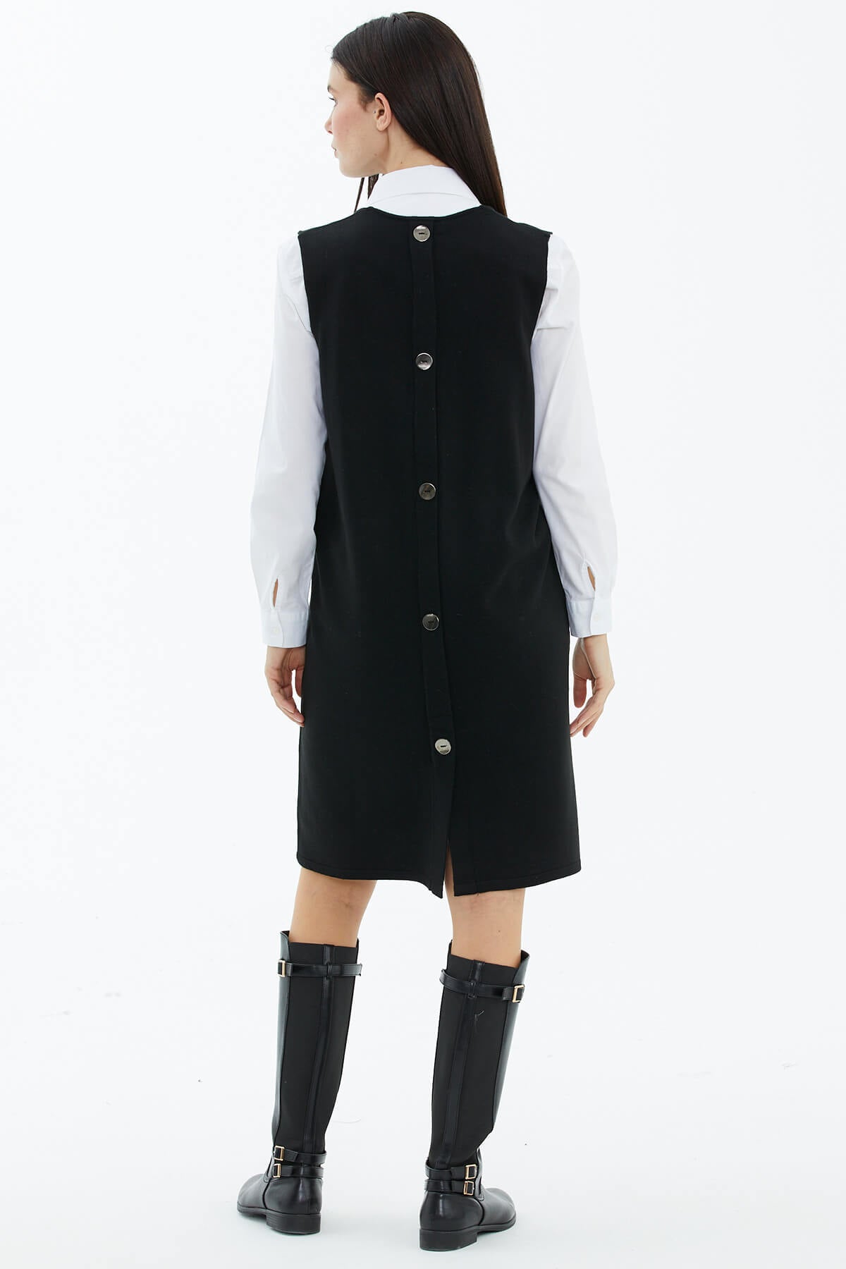 V Yaka Kolsuz Arkası Düğmeli Triko Elbise - Siyah (3) Sementa