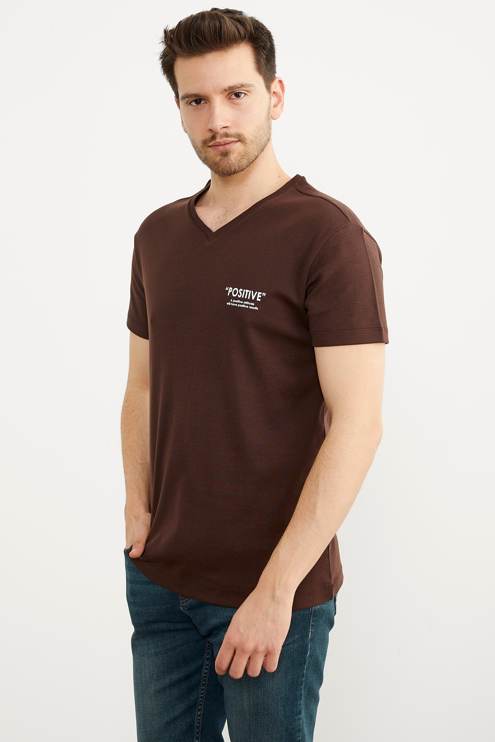 V Yaka Küçük Baskı Detaylı Tişört - Kahve (2) Sementa