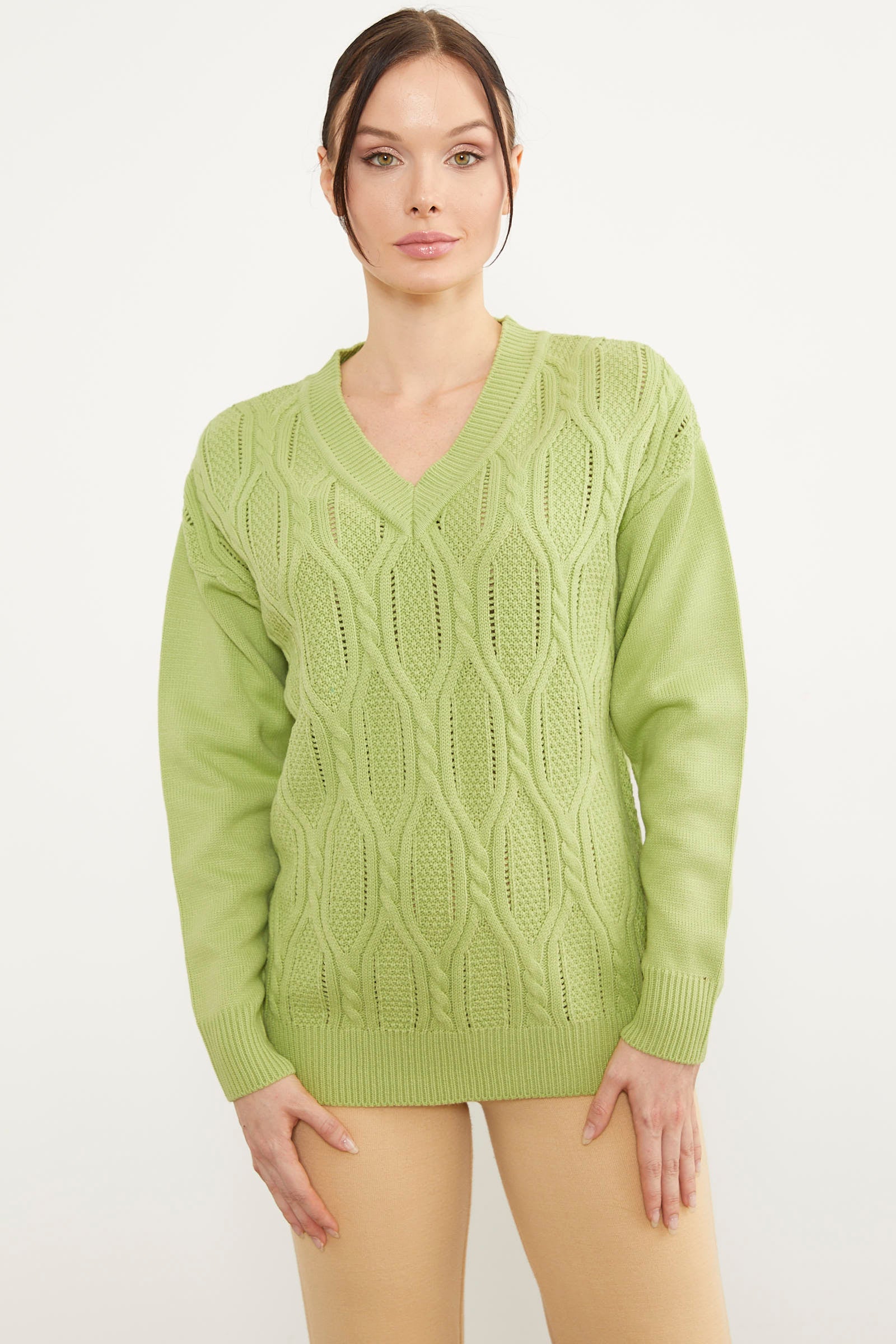 V Yaka Motifli Triko Kazak - Yeşil (1) Sementa