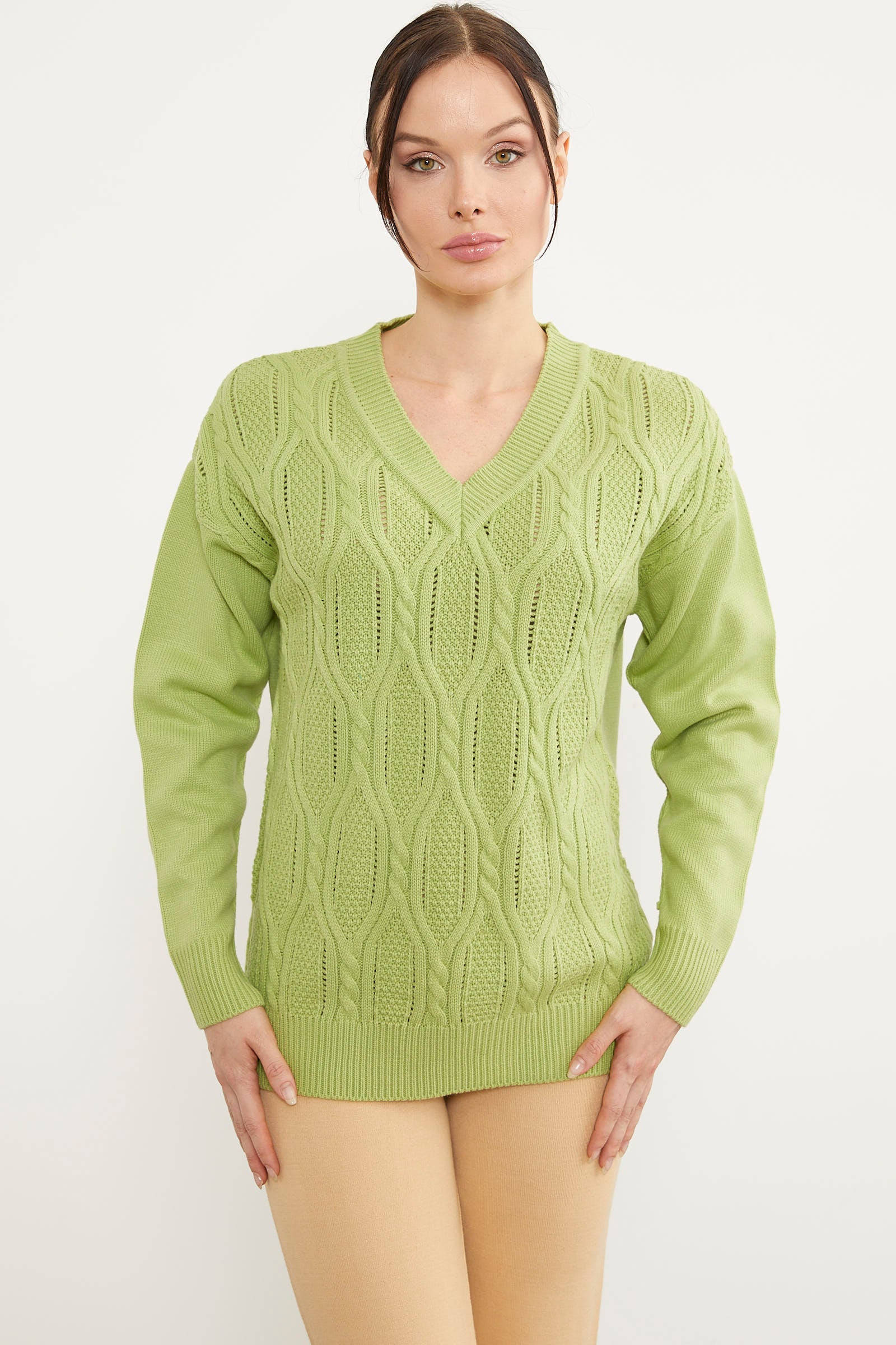 V Yaka Motifli Triko Kazak - Yeşil (2) Sementa