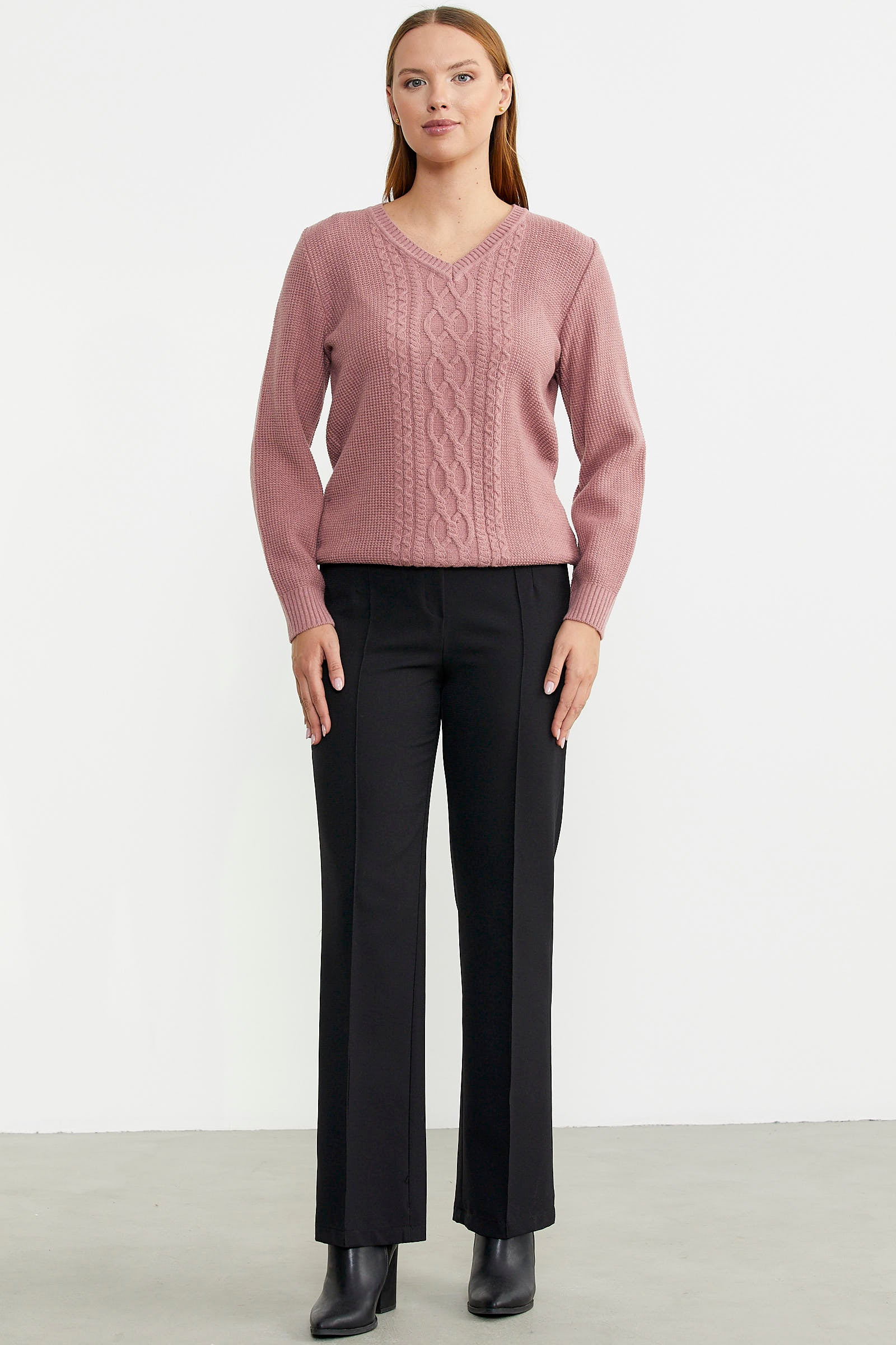 V Yaka Motifli Yünlü Triko Kazak - Gül - Sementa