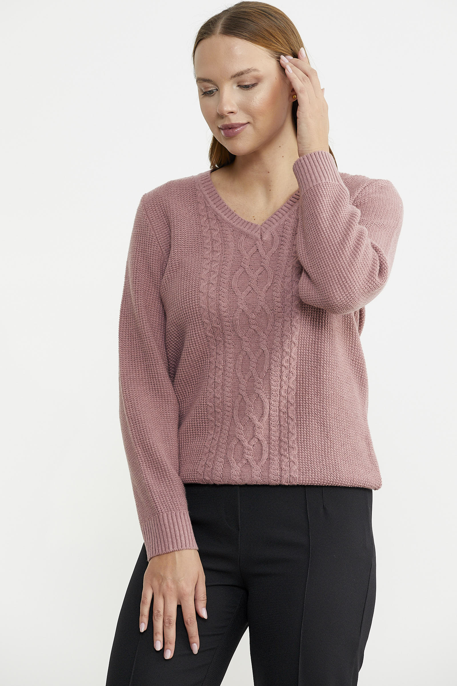 V Yaka Motifli Yünlü Triko Kazak - Gül - Sementa