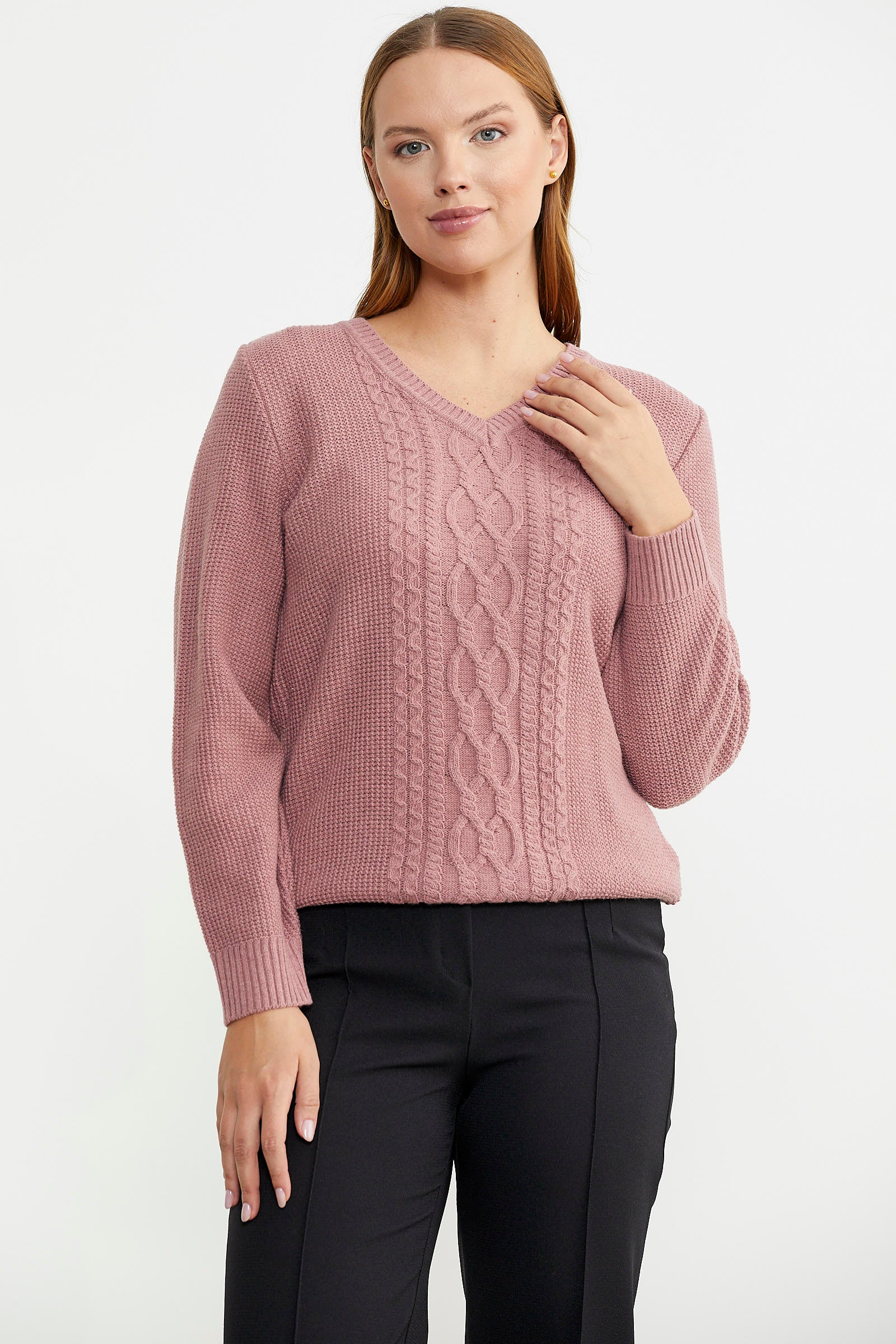 V Yaka Motifli Yünlü Triko Kazak - Gül - Sementa