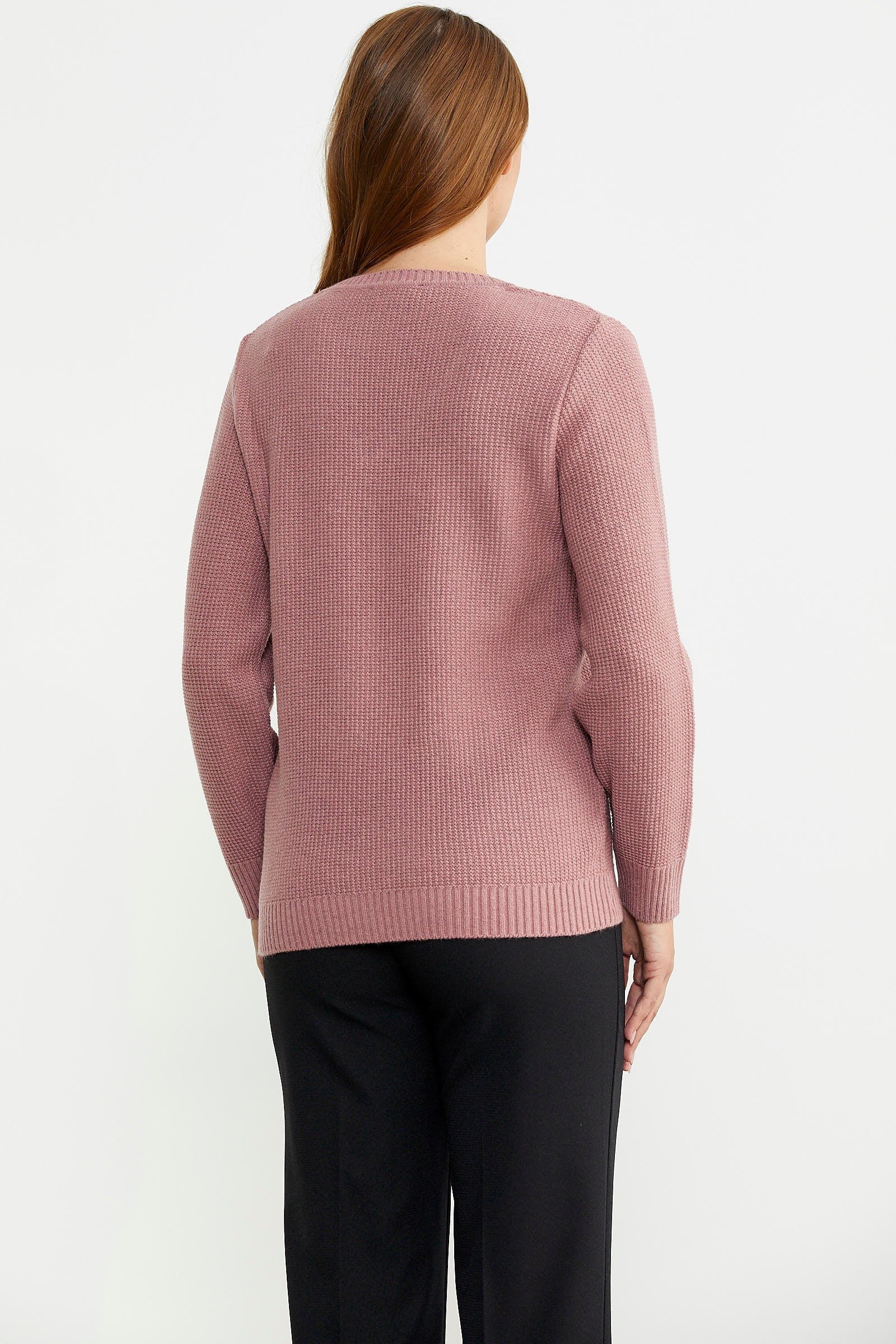 V Yaka Motifli Yünlü Triko Kazak - Gül - Sementa