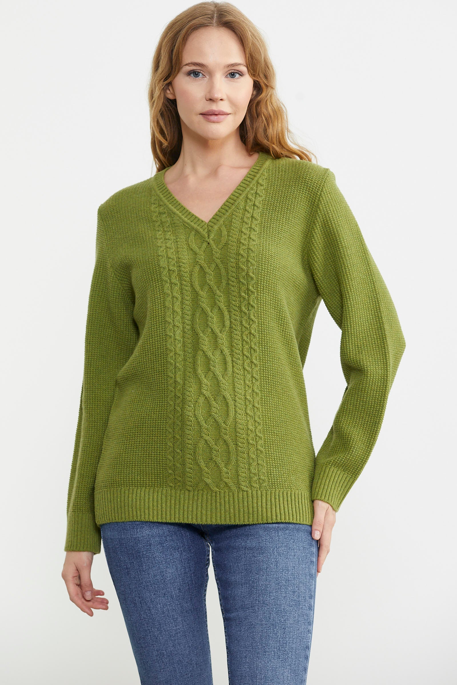 V Yaka Motifli Yünlü Triko Kazak - Yeşil - Sementa