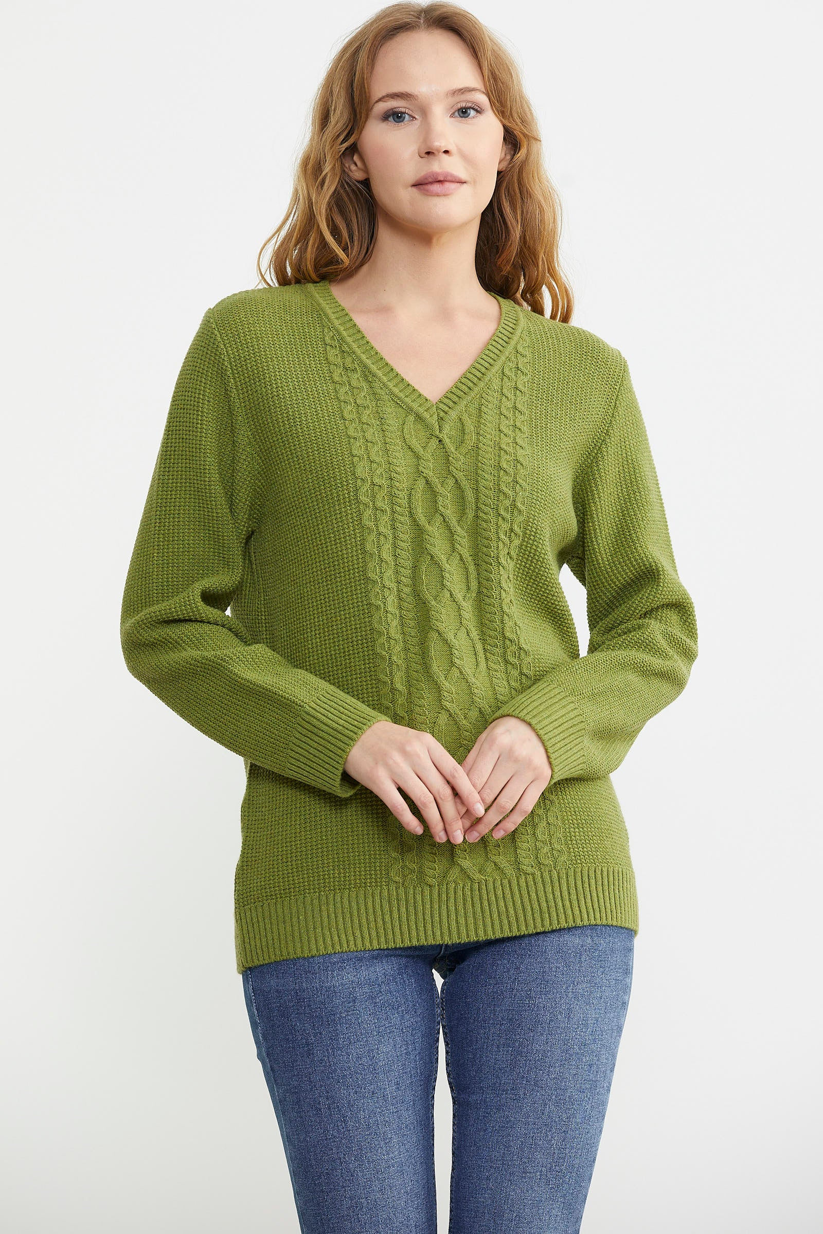 V Yaka Motifli Yünlü Triko Kazak - Yeşil - Sementa