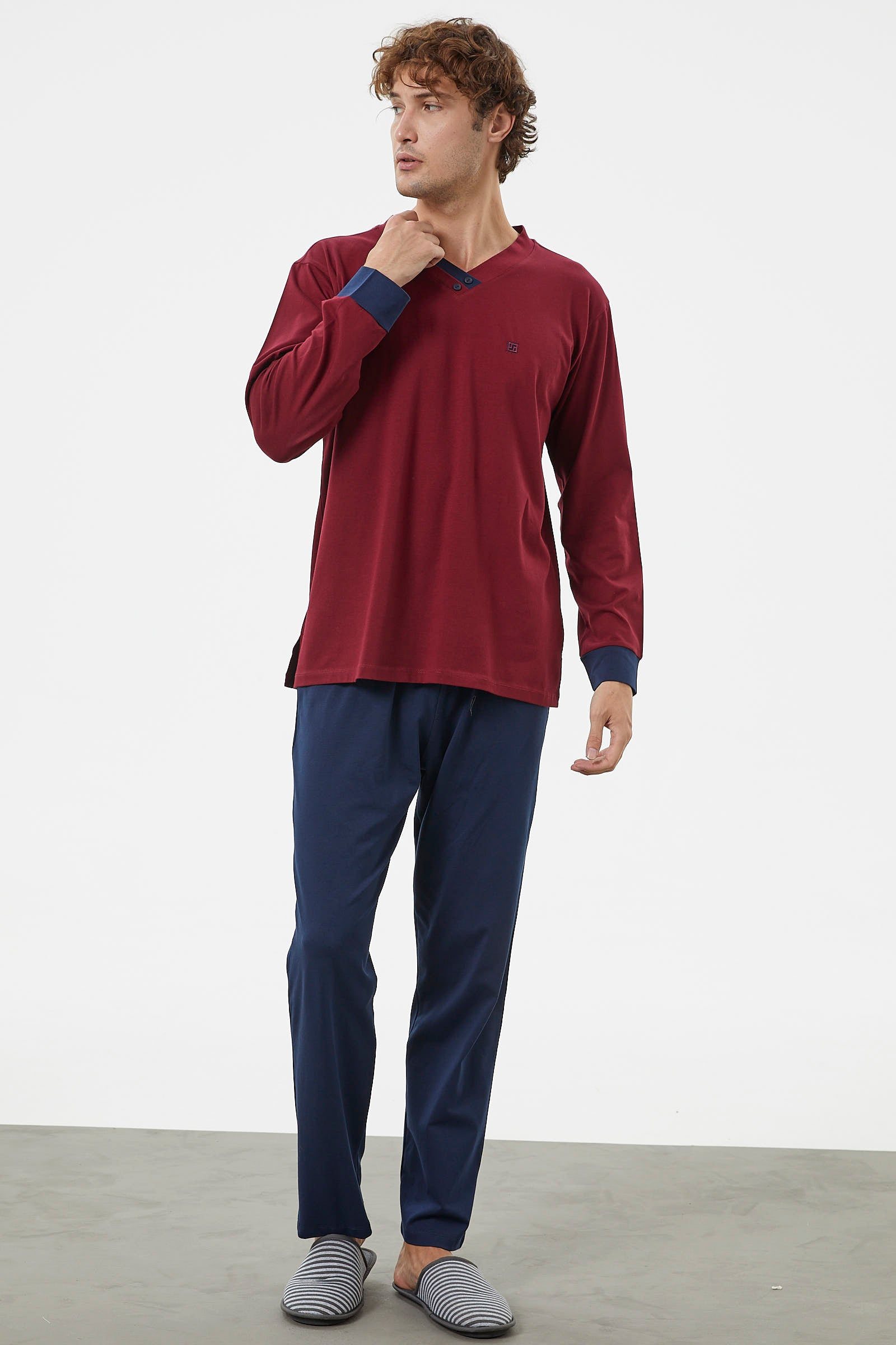 V Yaka Rahat Kalıp Pijama Takım - Bordo (2) Sementa