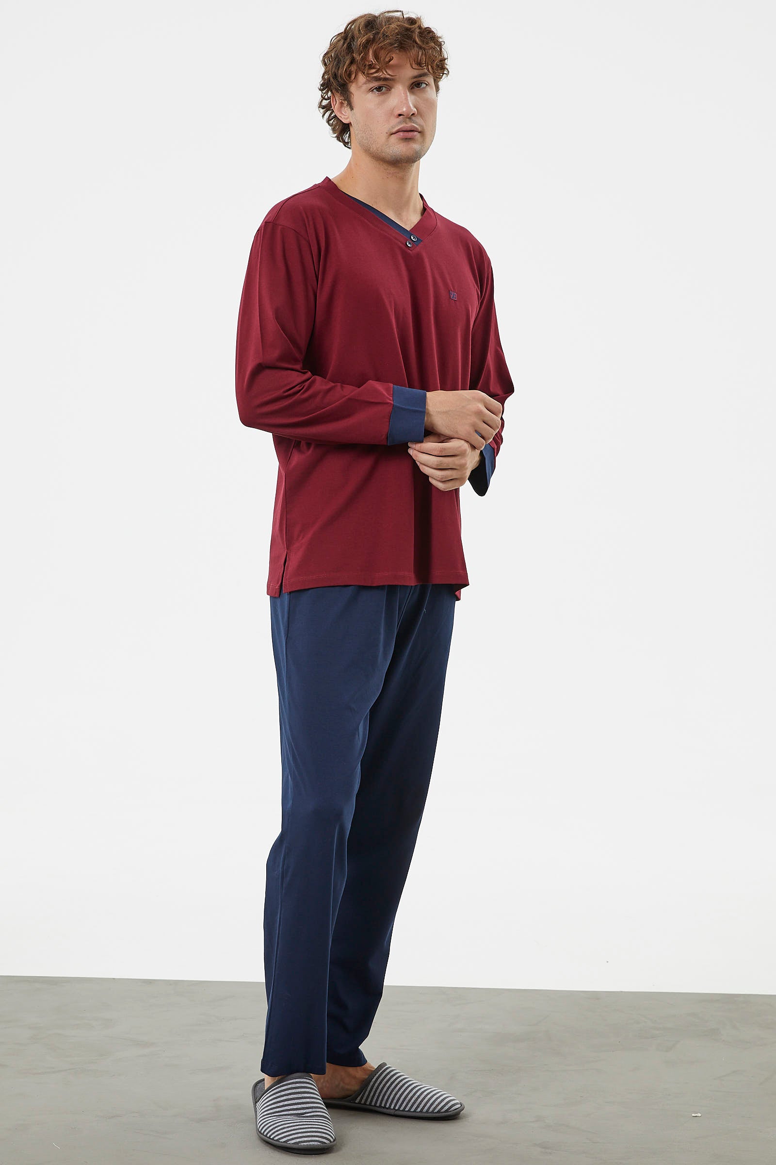 V Yaka Rahat Kalıp Pijama Takım - Bordo (3) Sementa