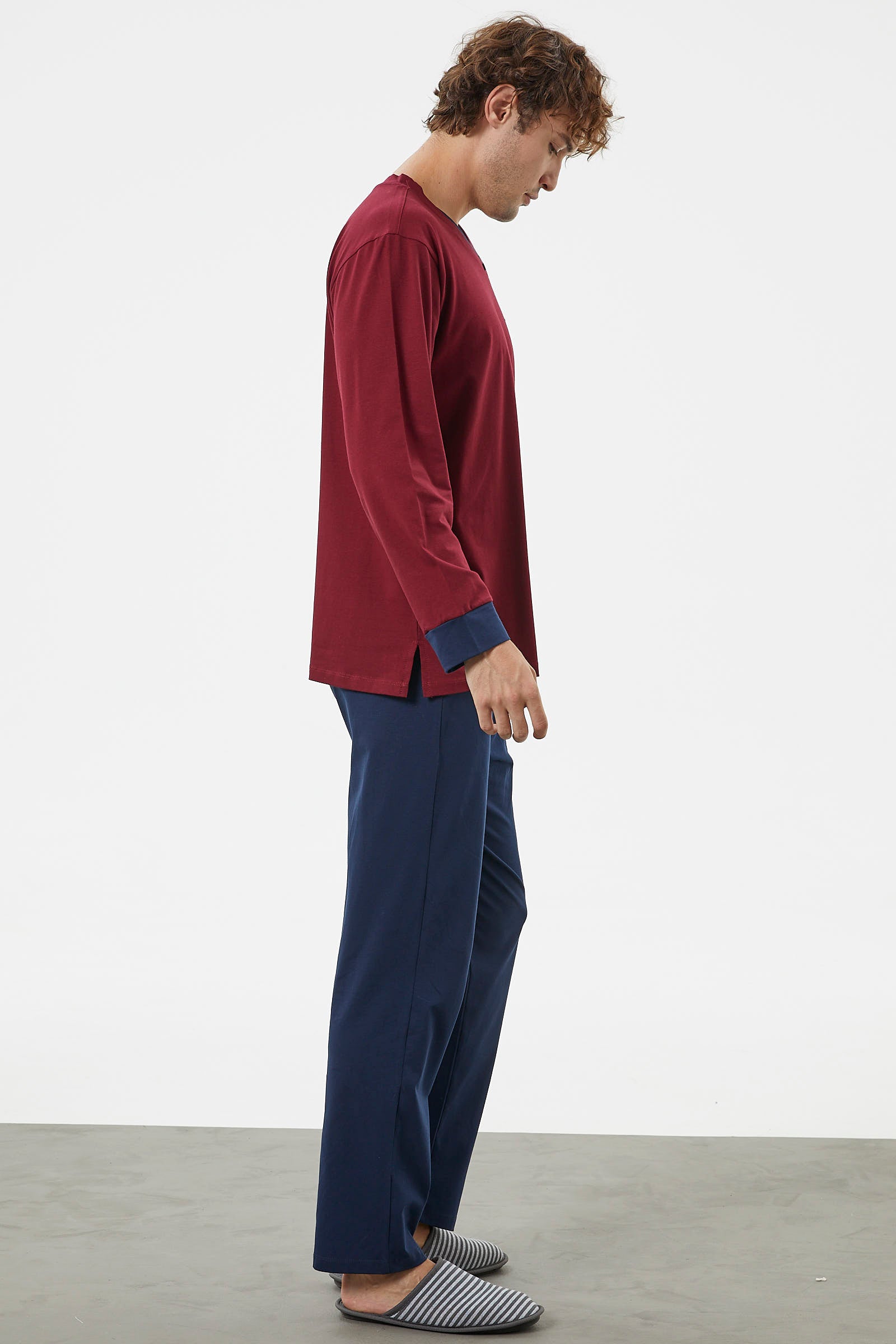 V Yaka Rahat Kalıp Pijama Takım - Bordo (5) Sementa