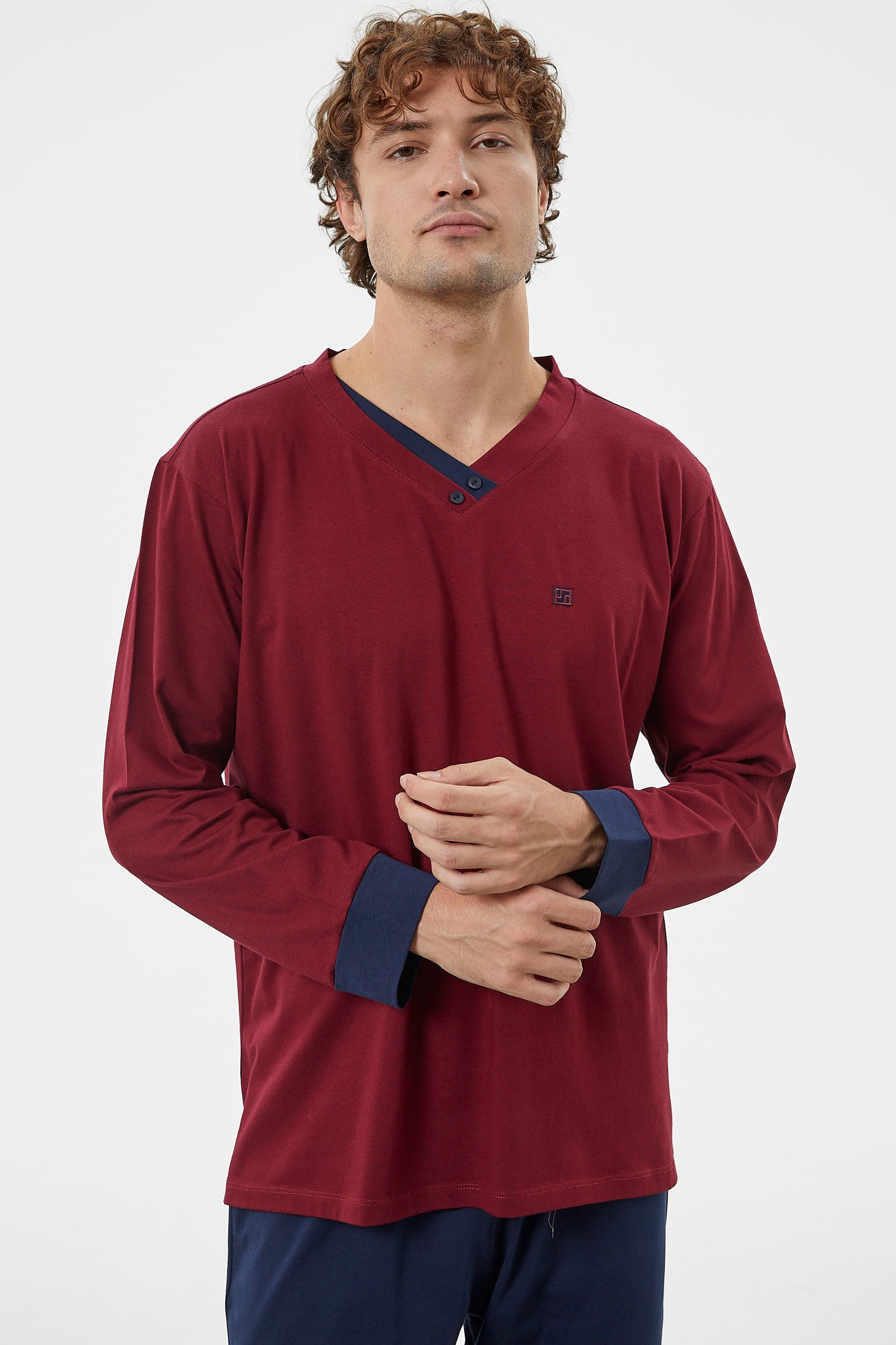 V Yaka Rahat Kalıp Pijama Takım - Bordo (4) Sementa